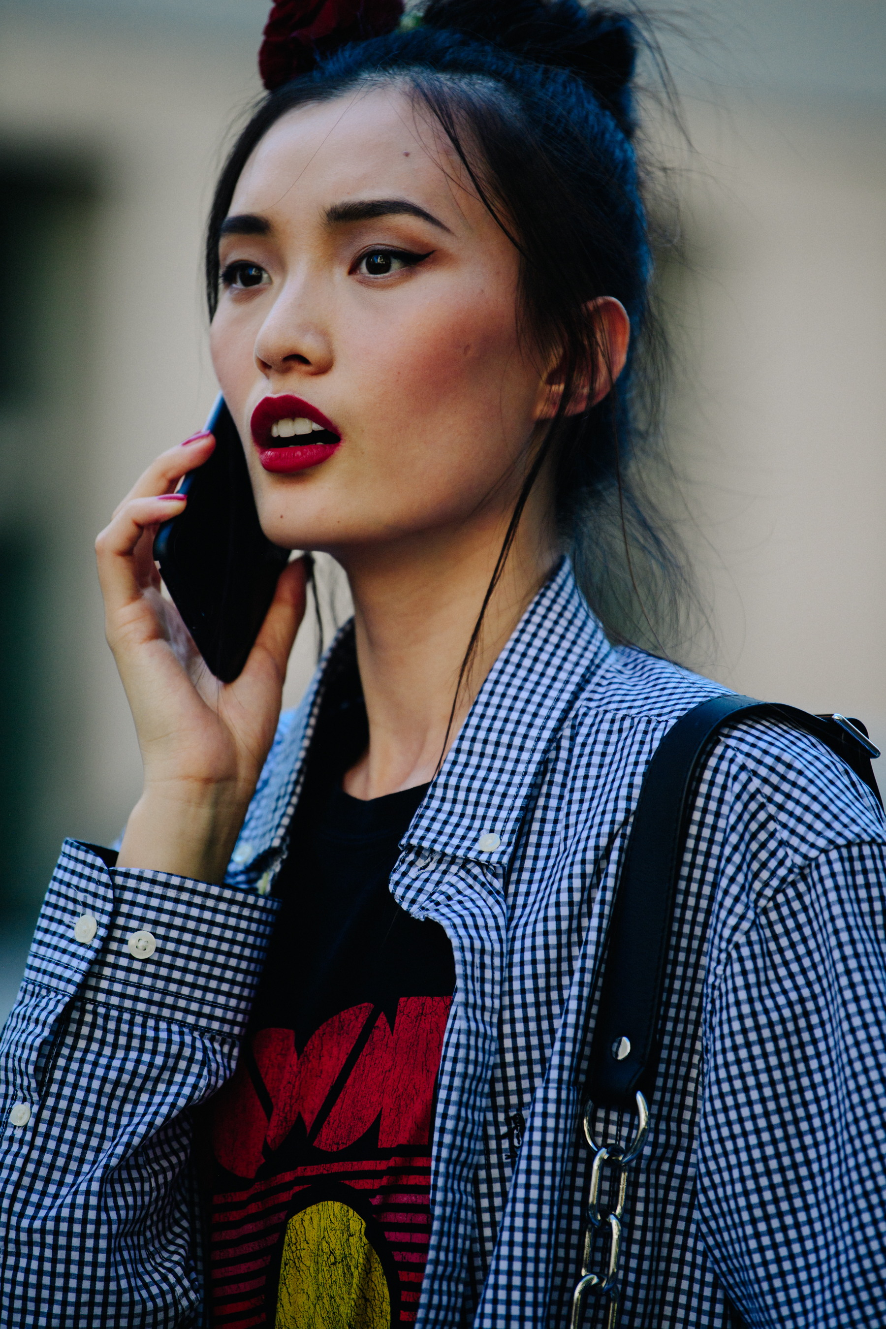 Model wearing red lipstick