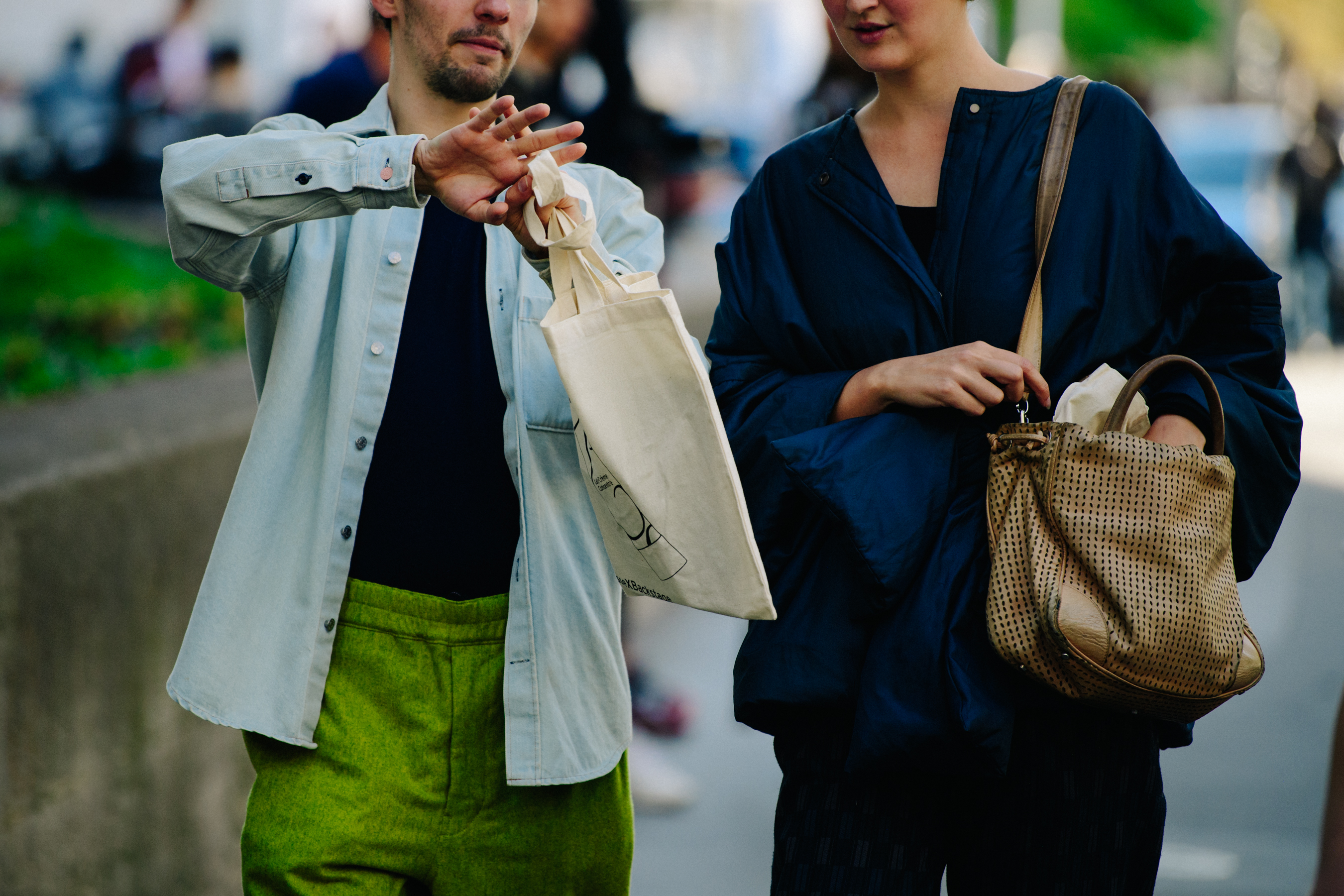 Couple wearing blue and green