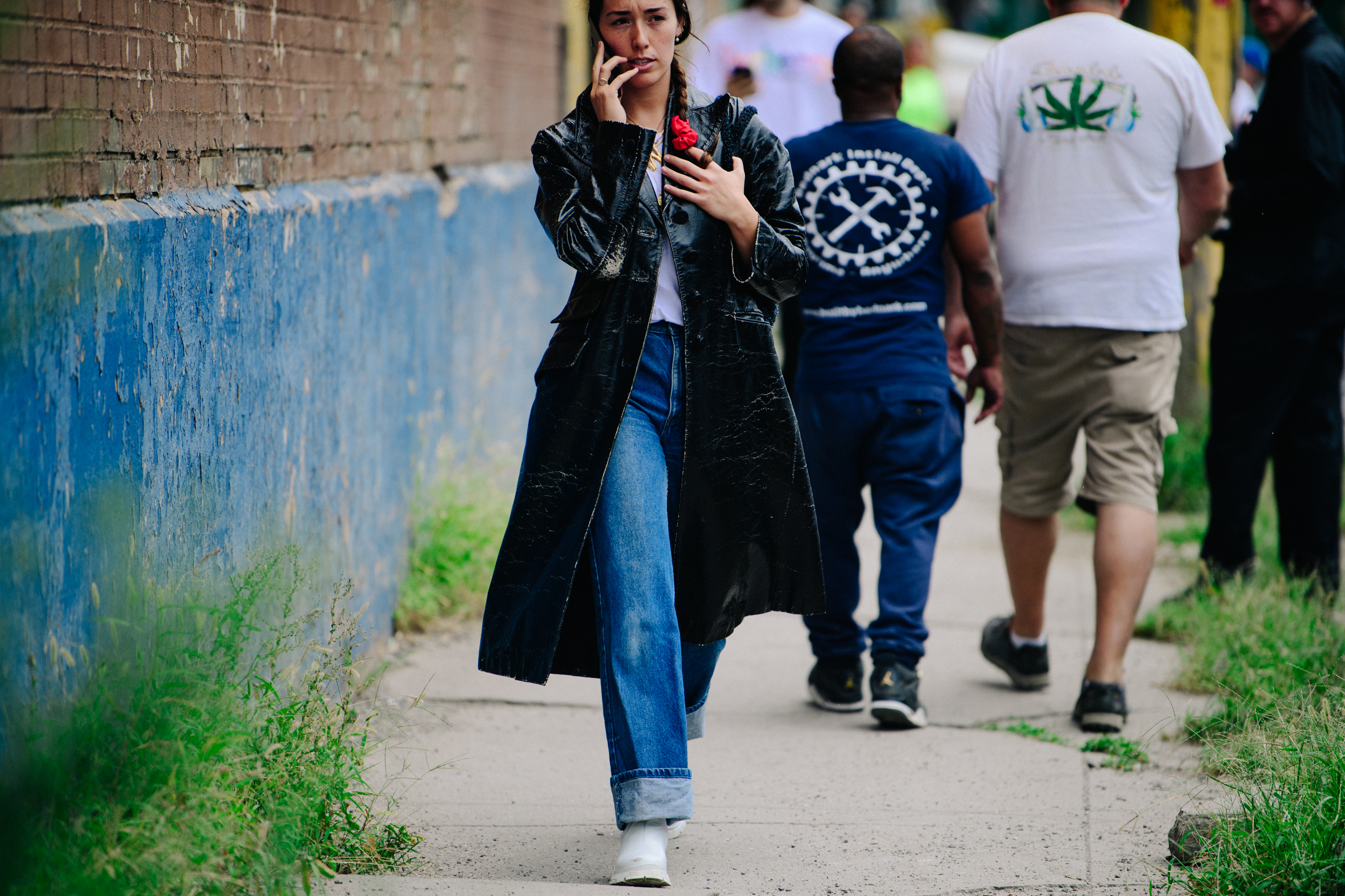 Woman wearing black leather coat