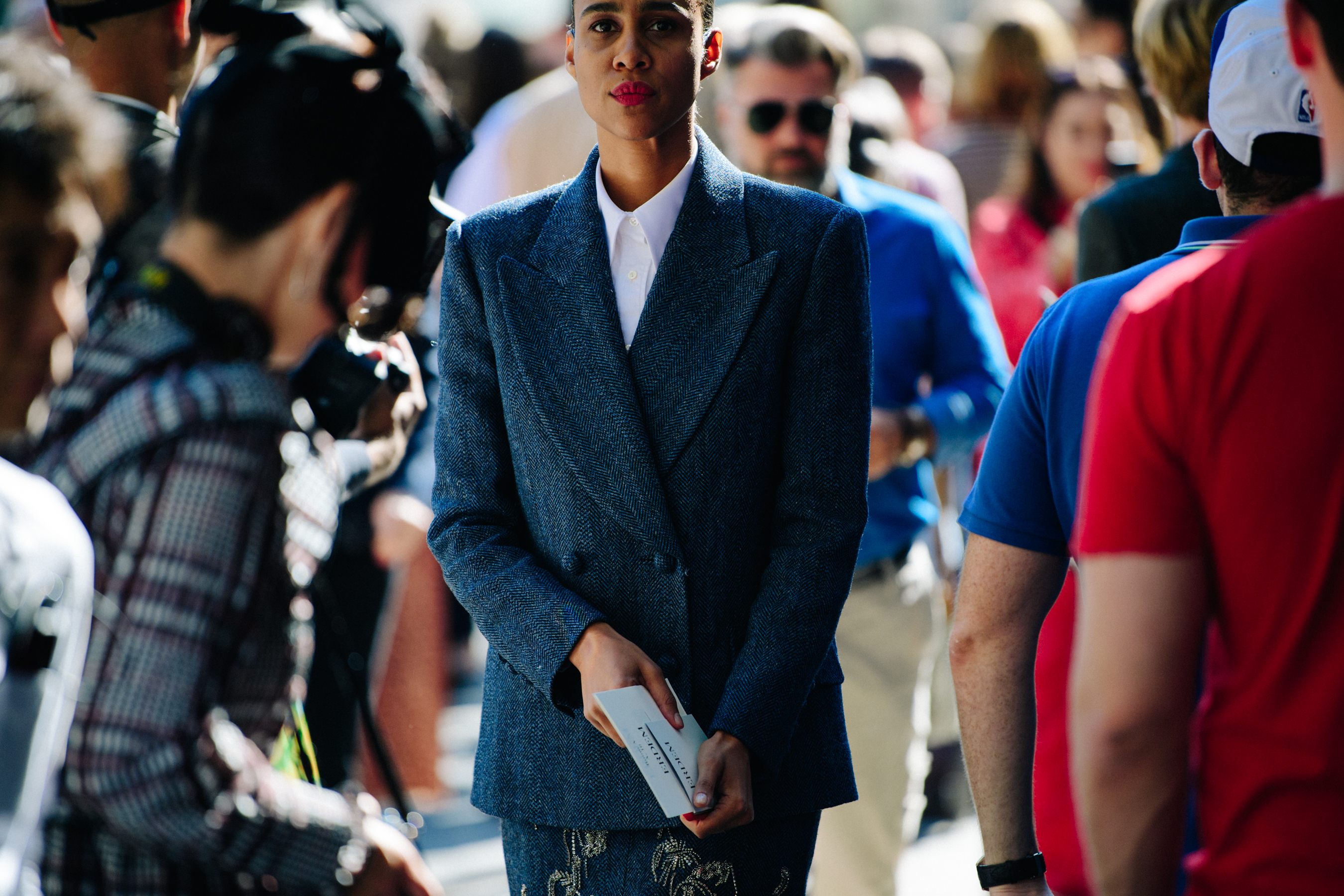 Woman wearing grey jacket