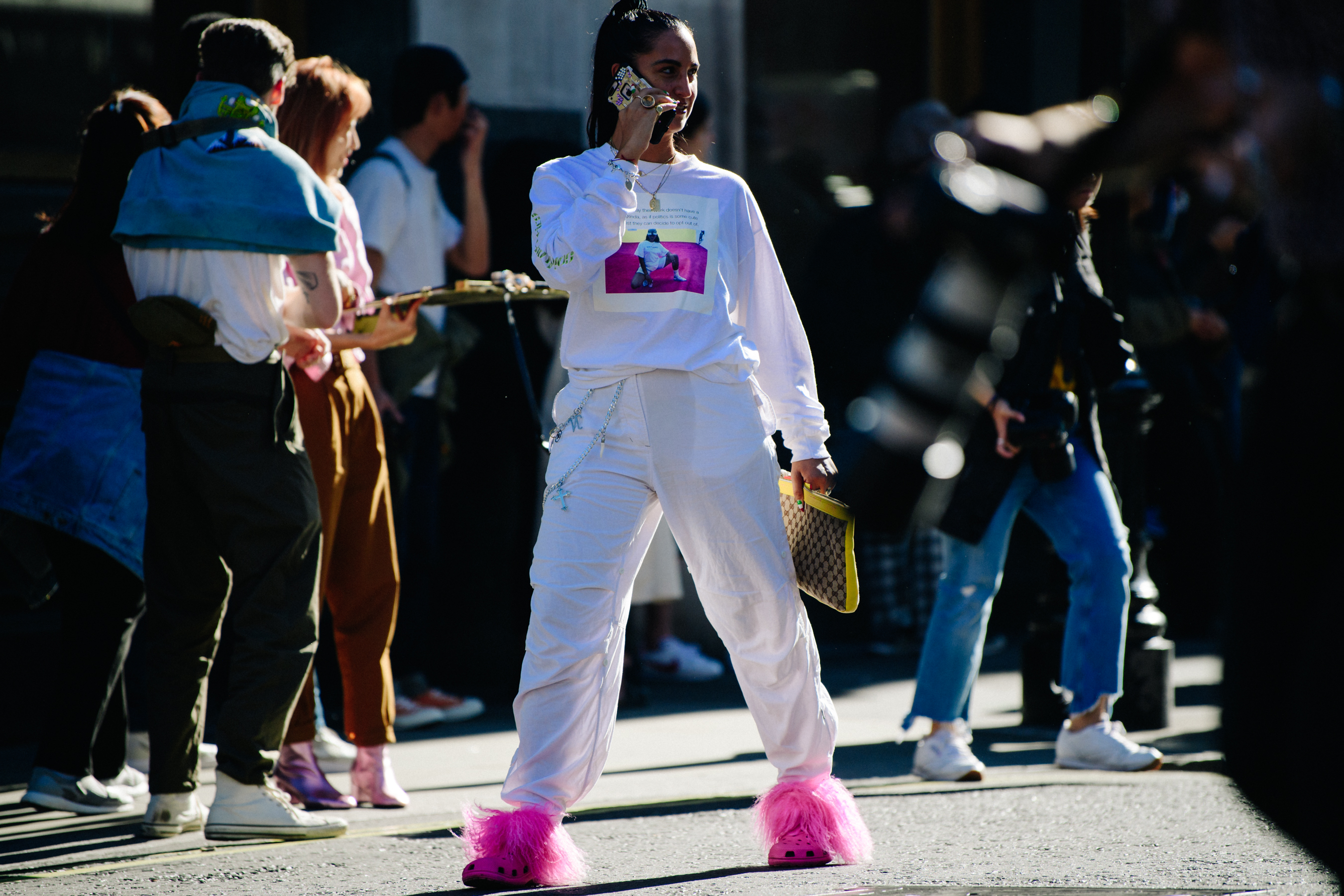 Woman wearing pink slippers