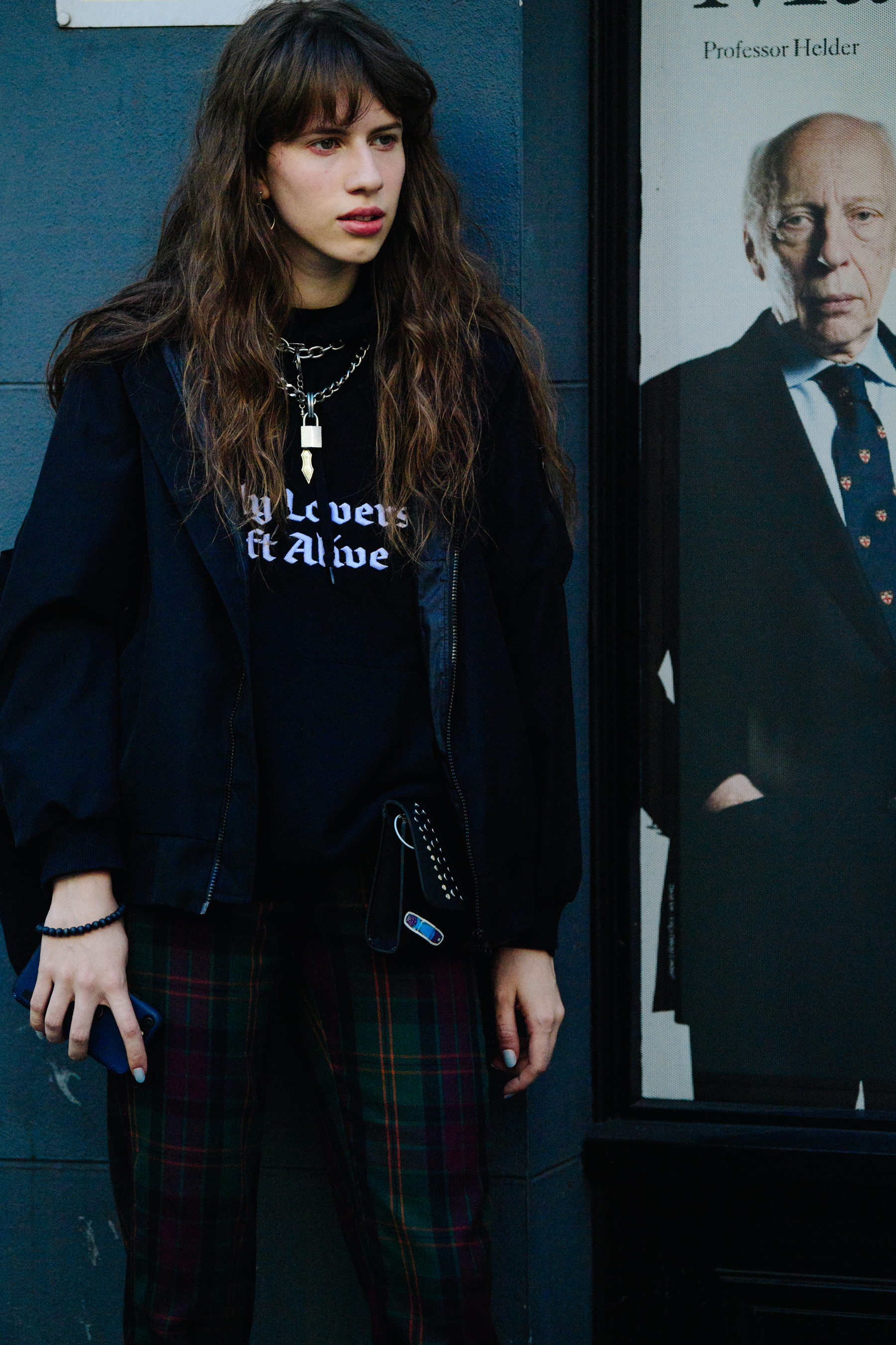 Woman wearing tartan pants