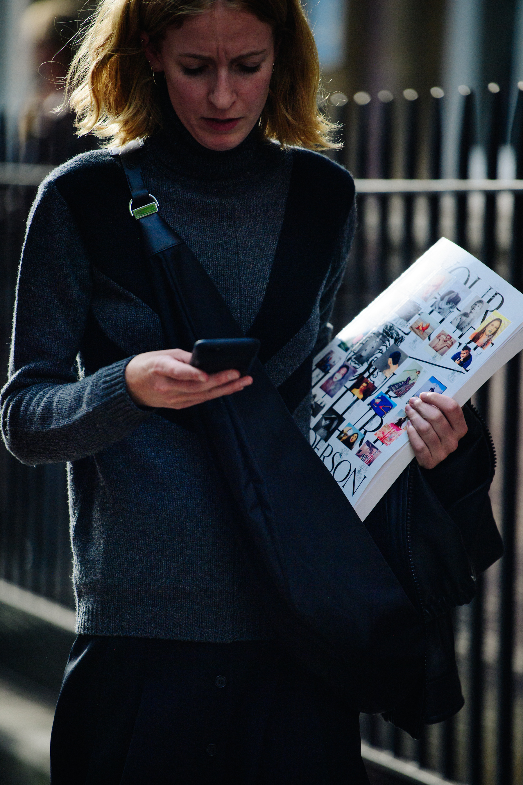 Woman wearing grey wool top