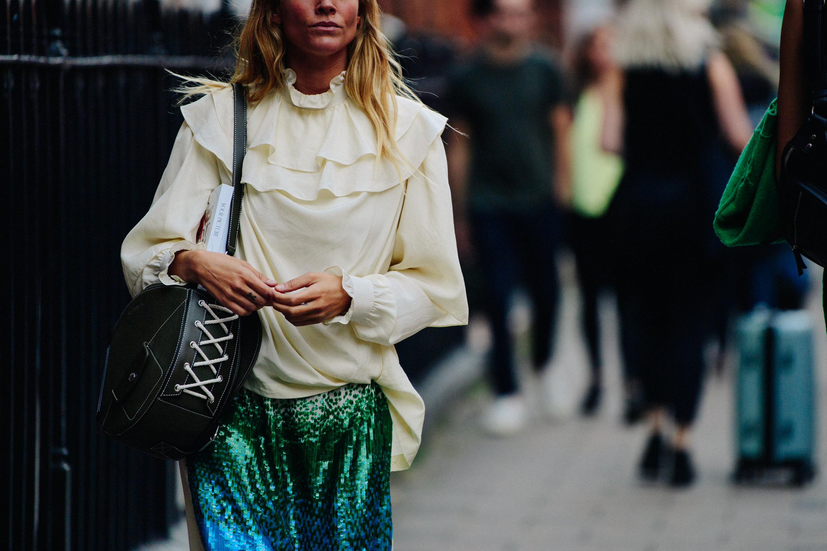 Woman wearing sequin skirt