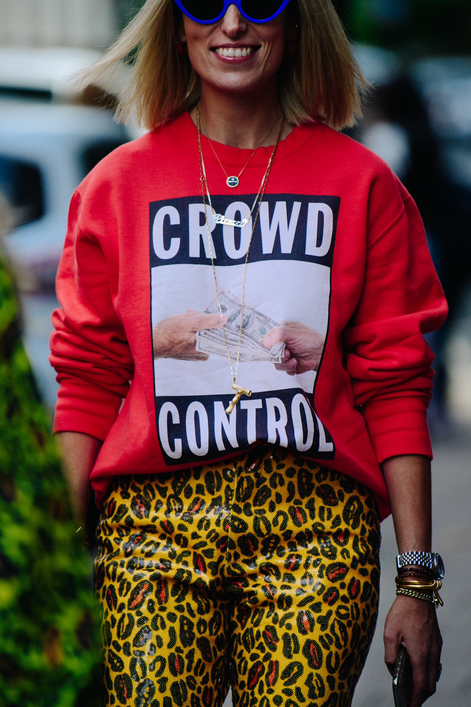 Woman wearing red jumper