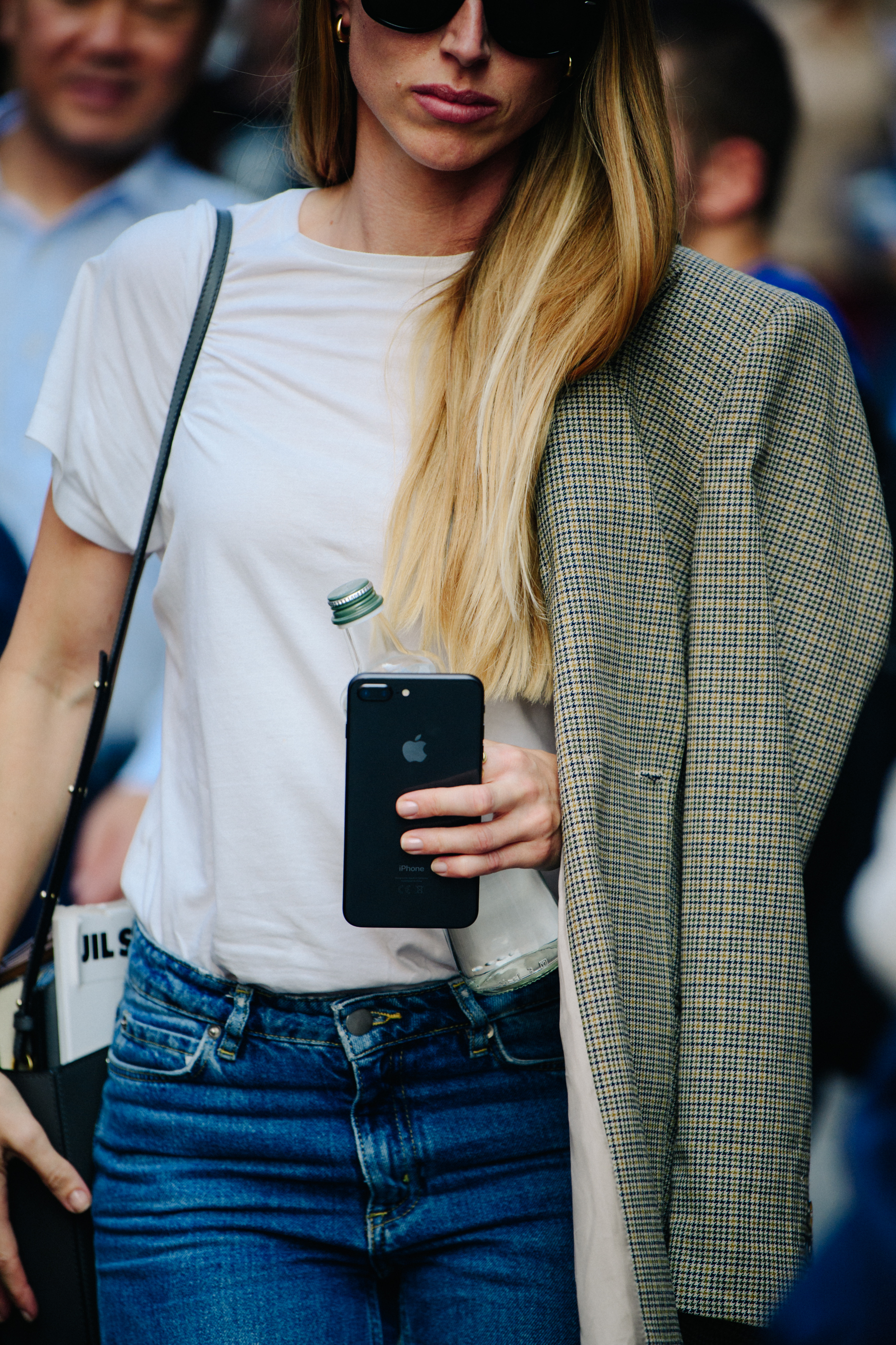 Woman wearing off the shoulder jacket
