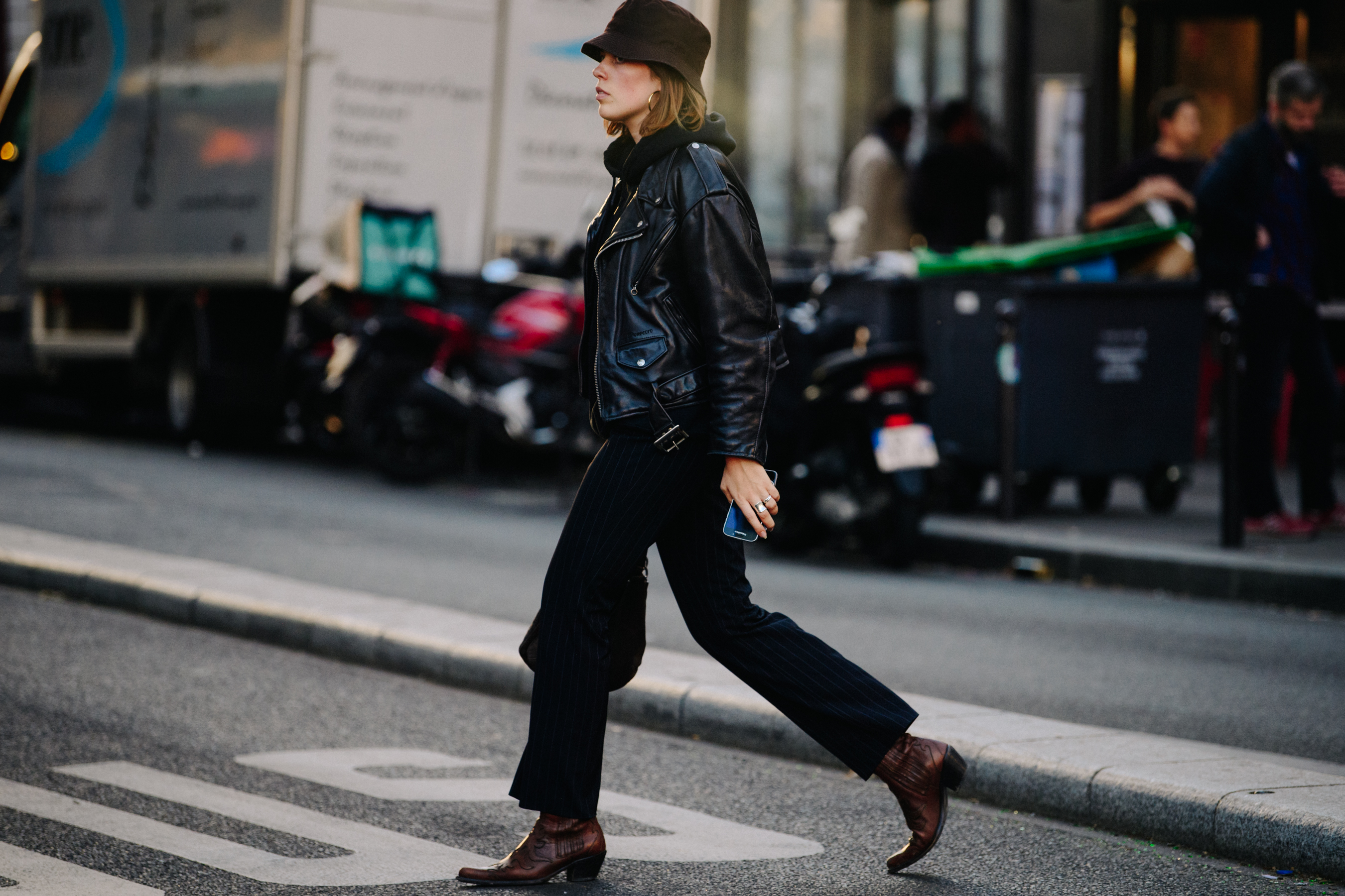 Woman wearing black leather jacket