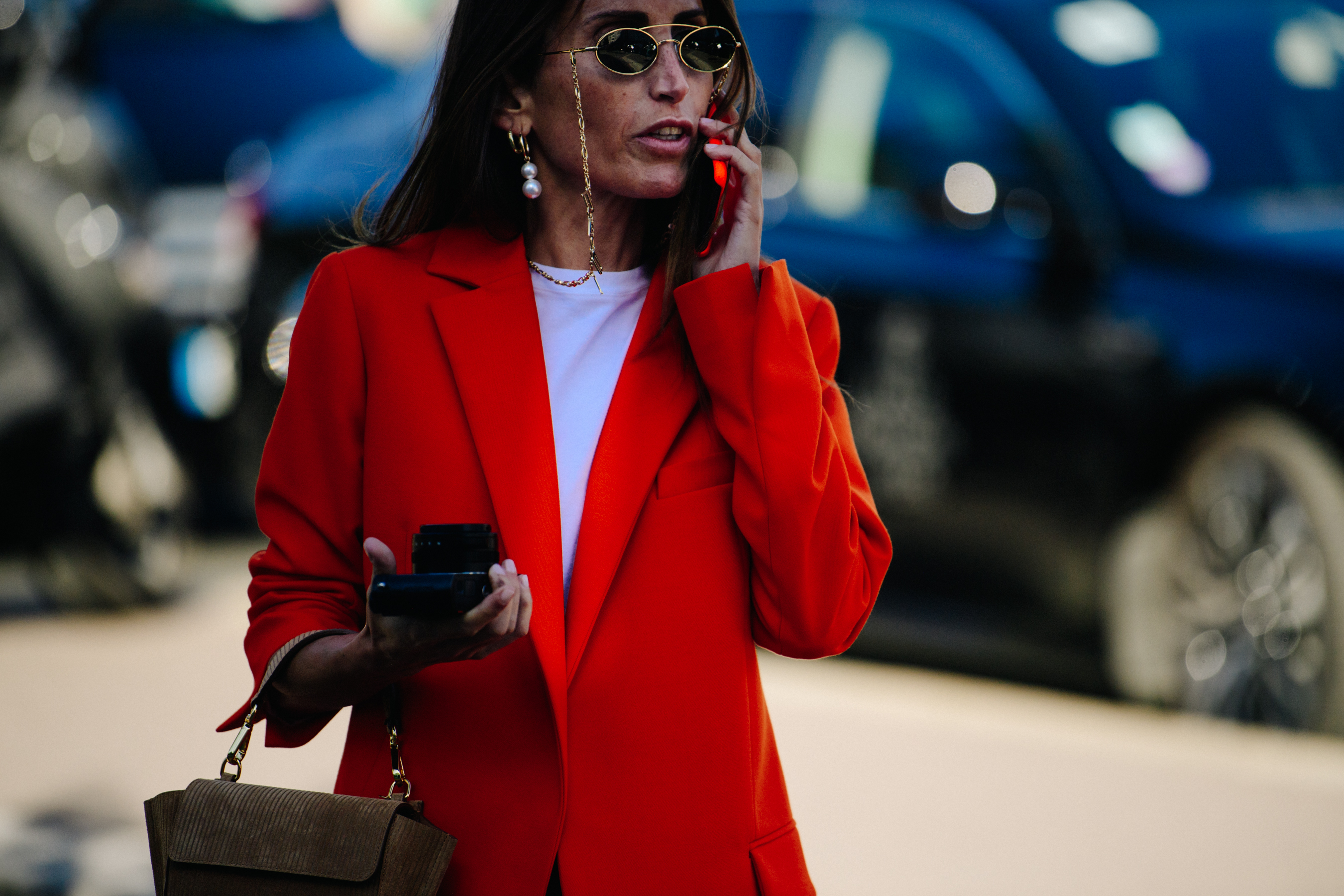 Woman wearing red suit jacket