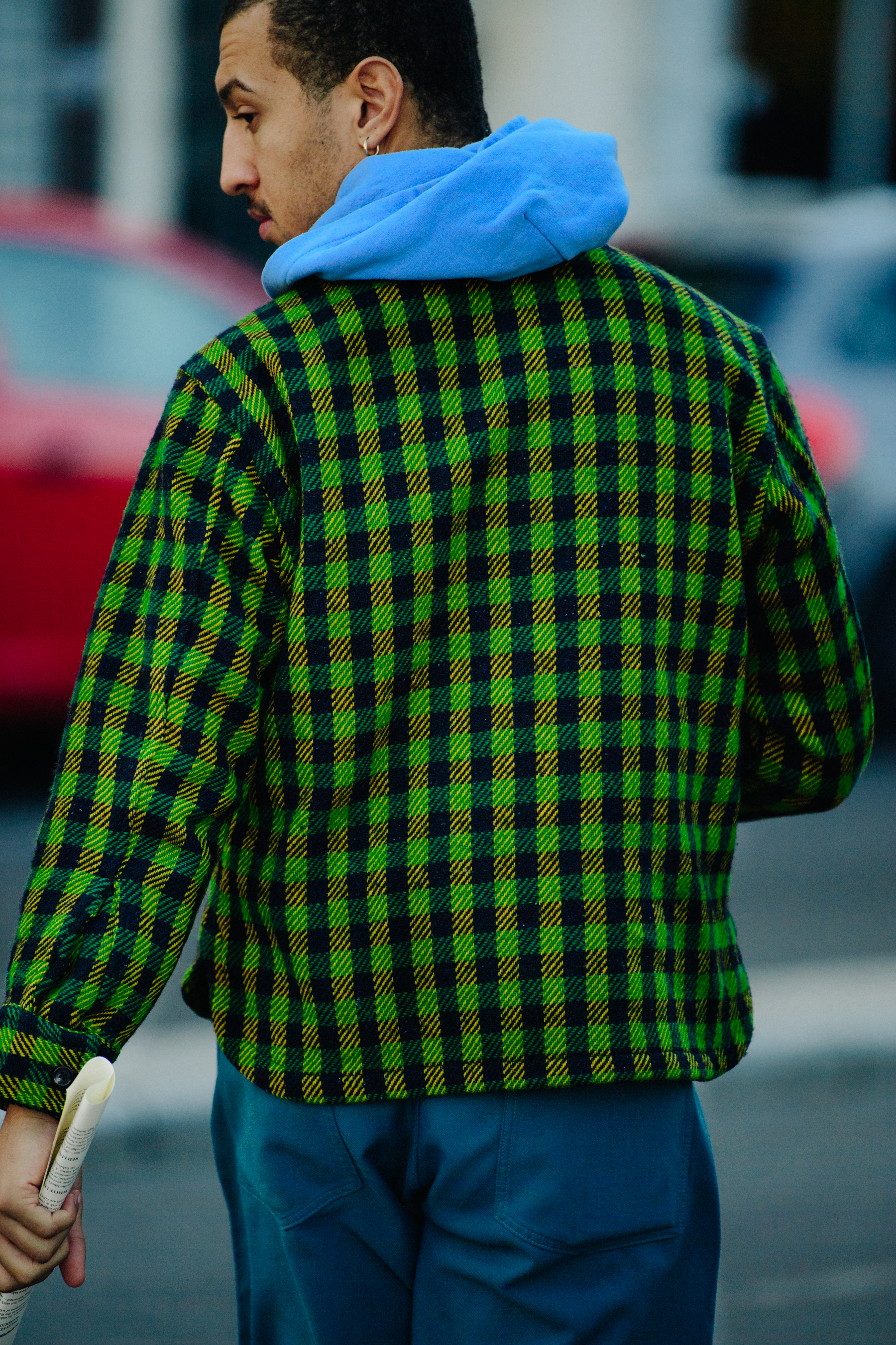 Man wearing green check jacket