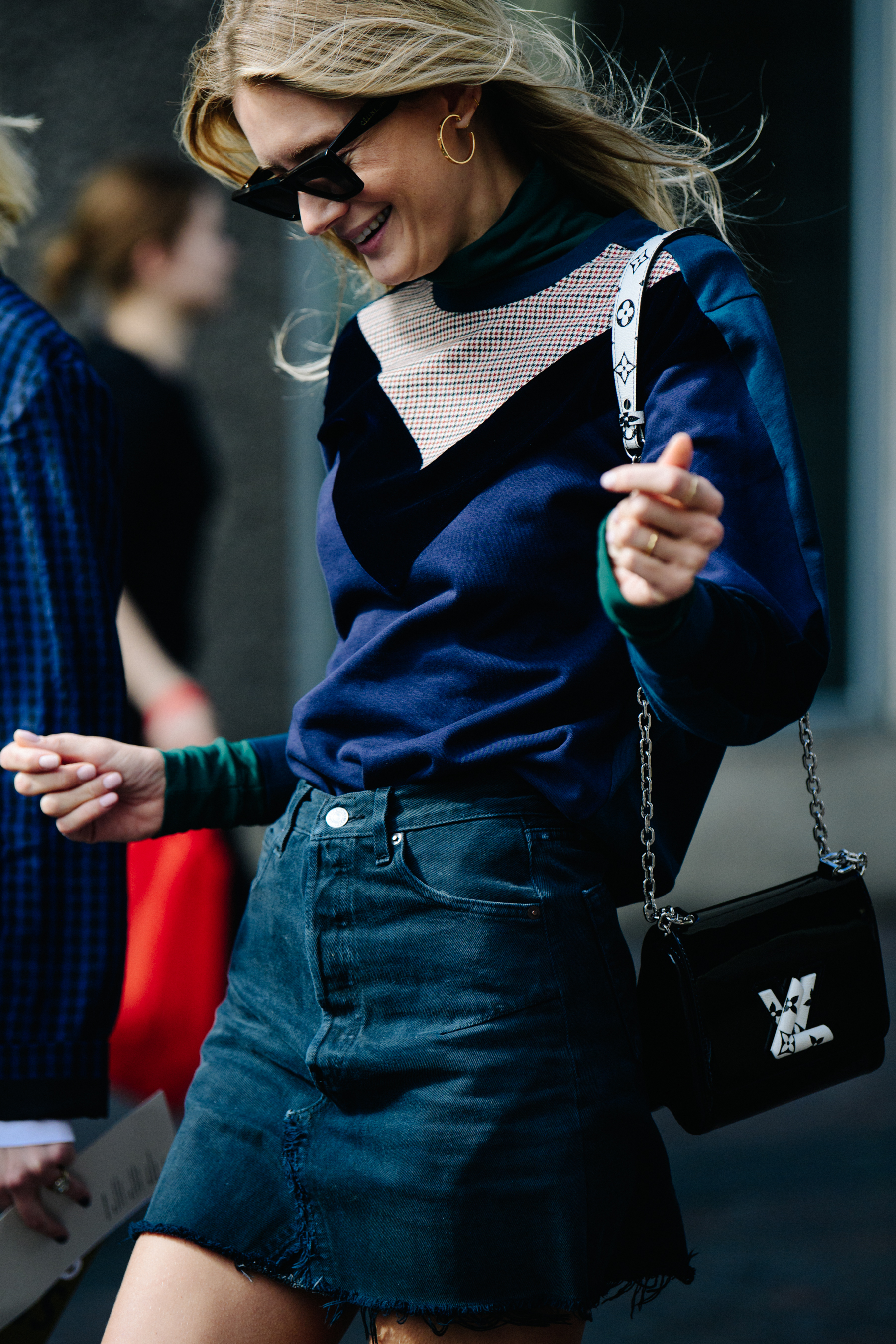 Woman wearing blue outfit
