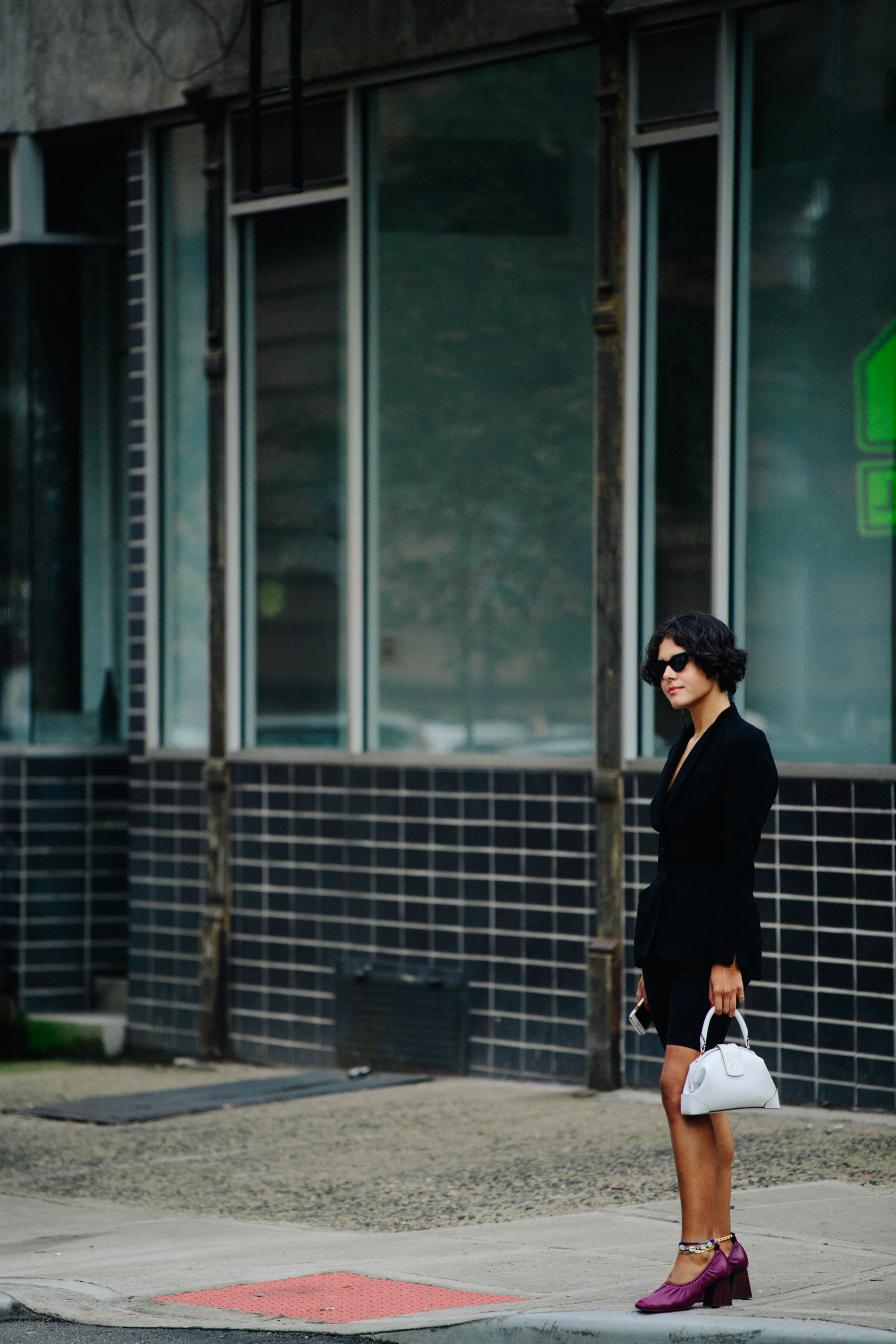 Woman wearing purple shoes