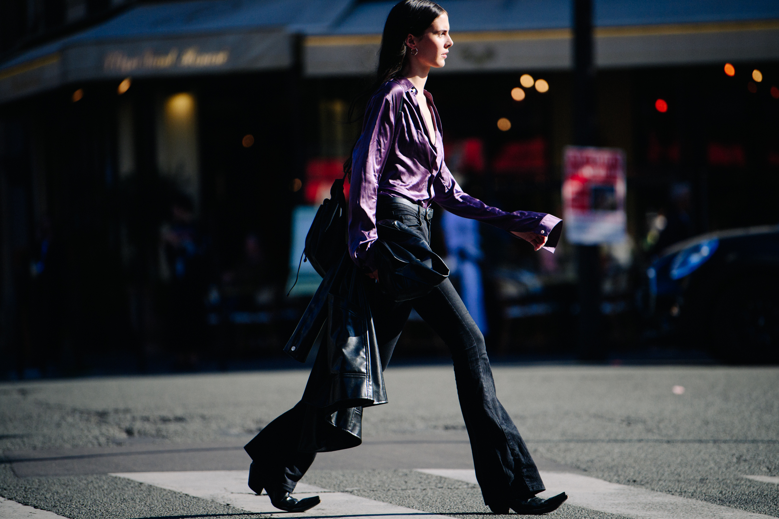 Woman wearing purple shirt
