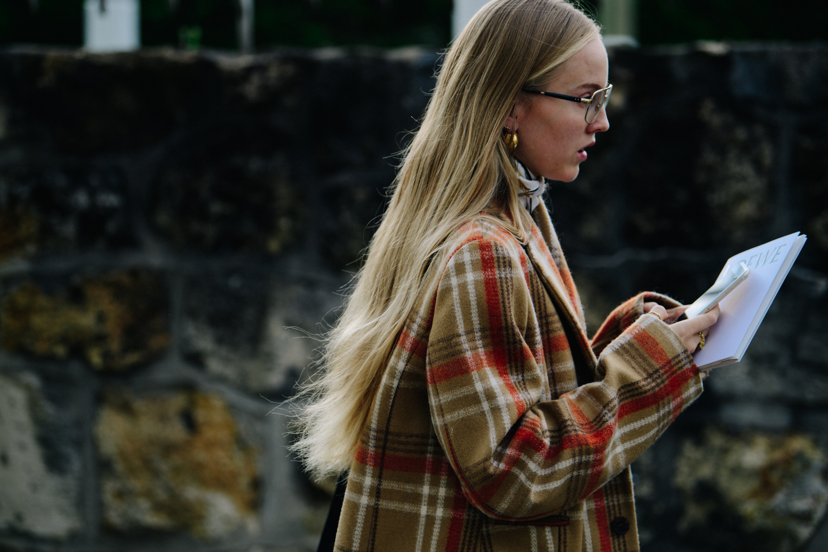Danish woman wearing check wool coat