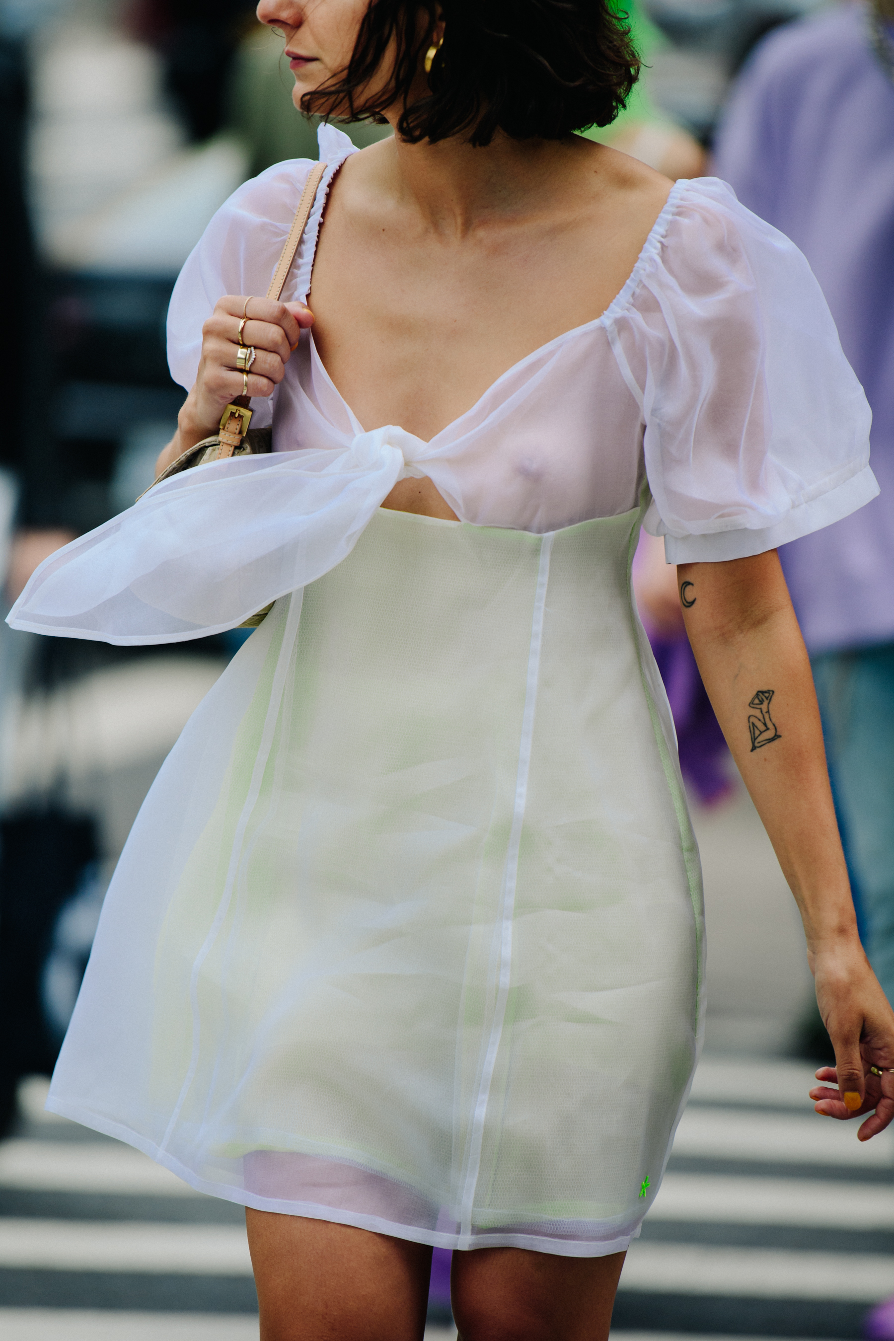 Woman wearing white lace dress