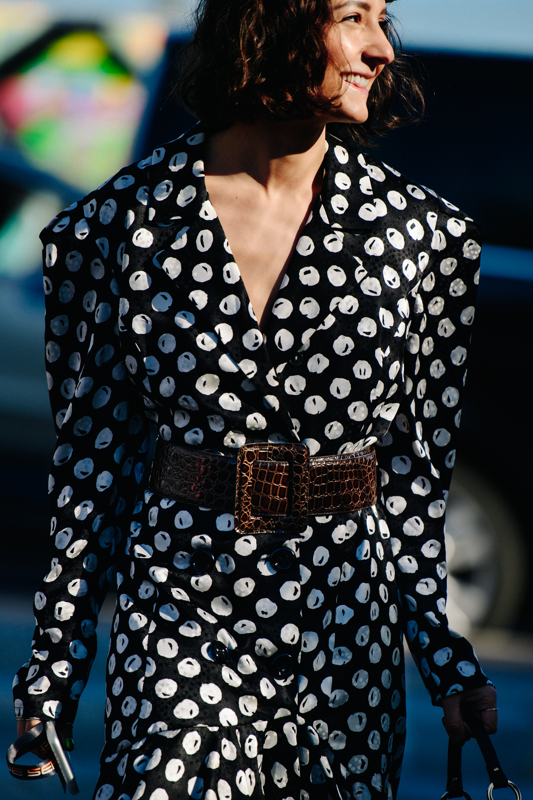 Woman wearing spotted dress