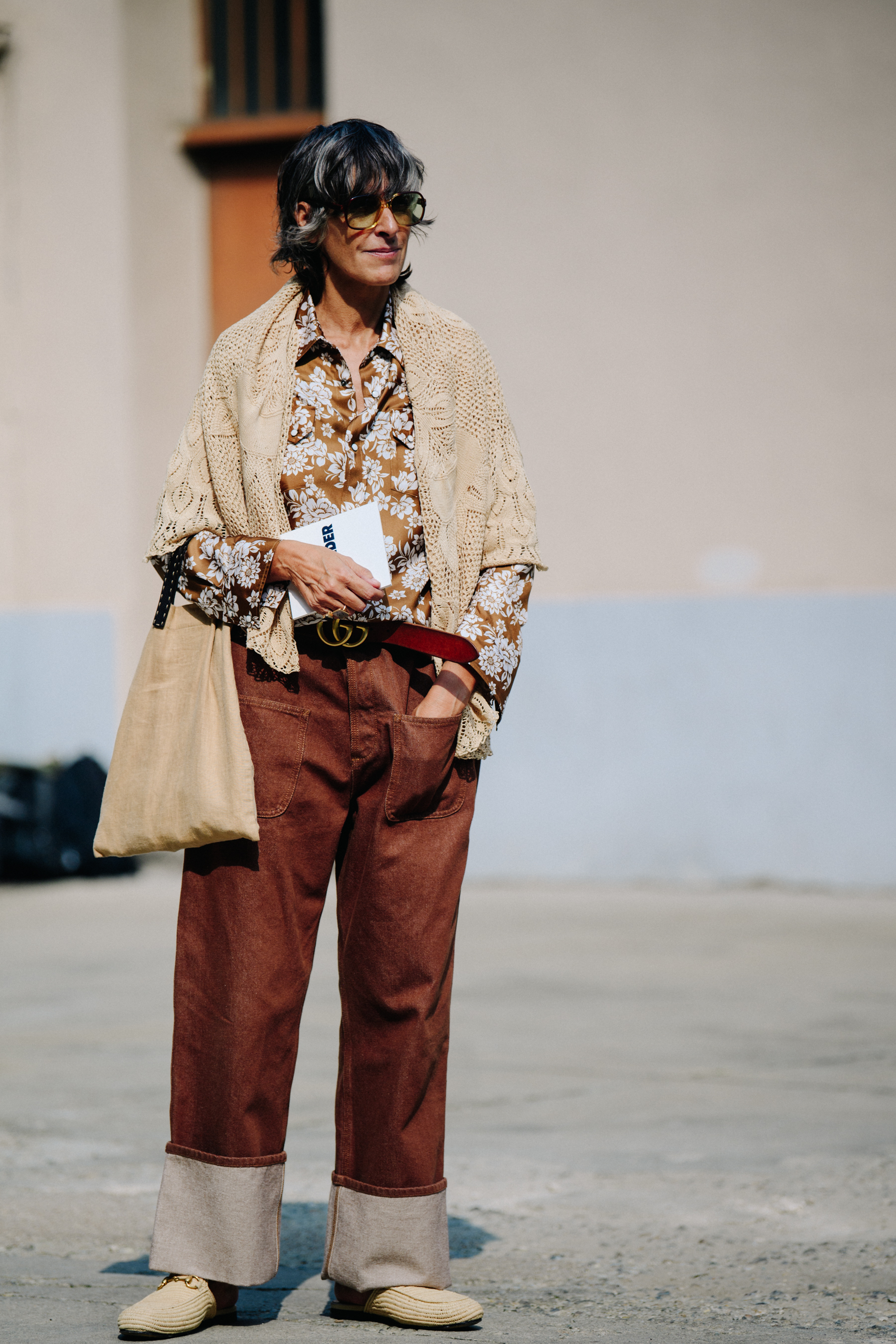 Woman wearing wide brown pants