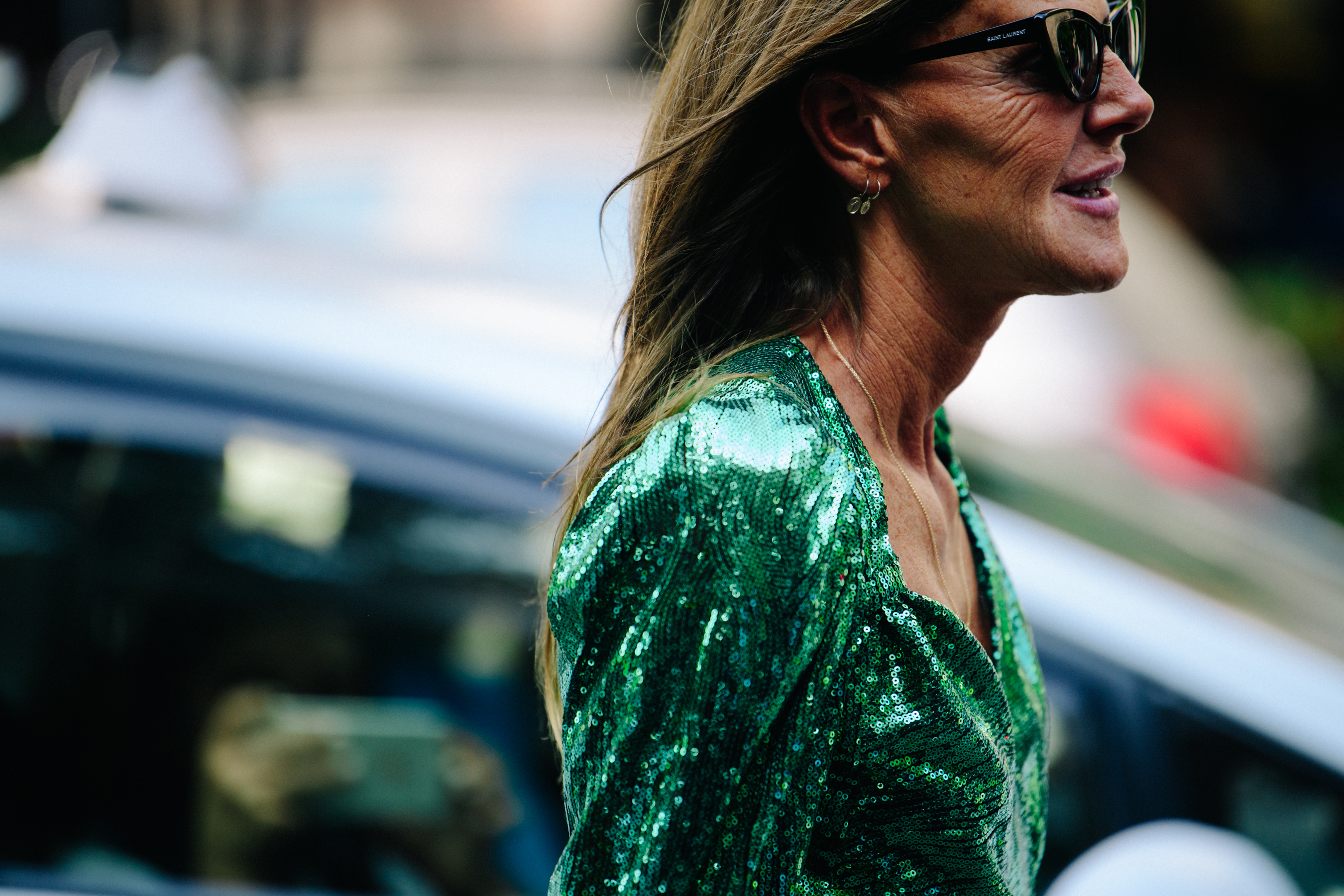 Italian editor wearing sequin dress