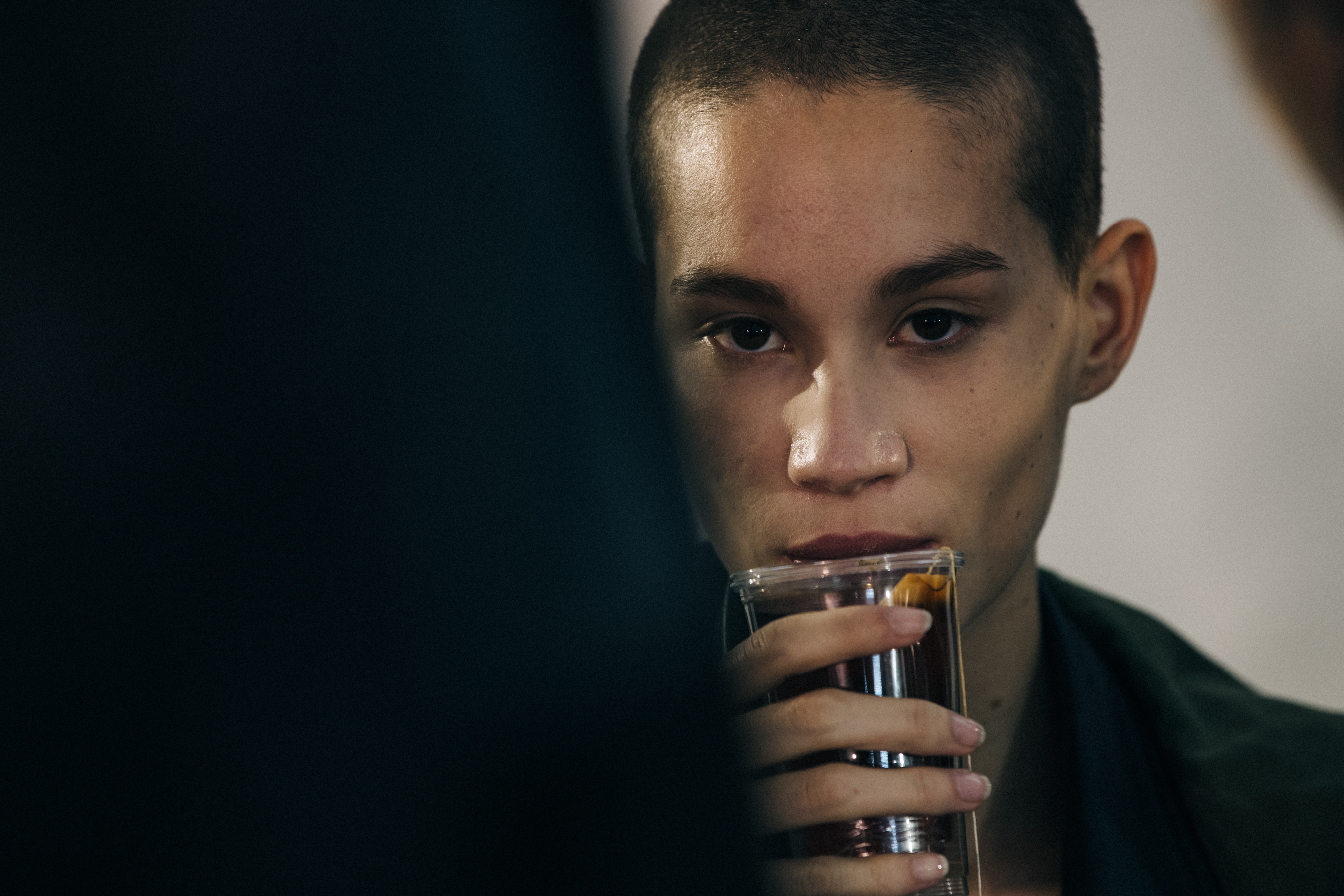 Model with shaved head at Haider Ackermann