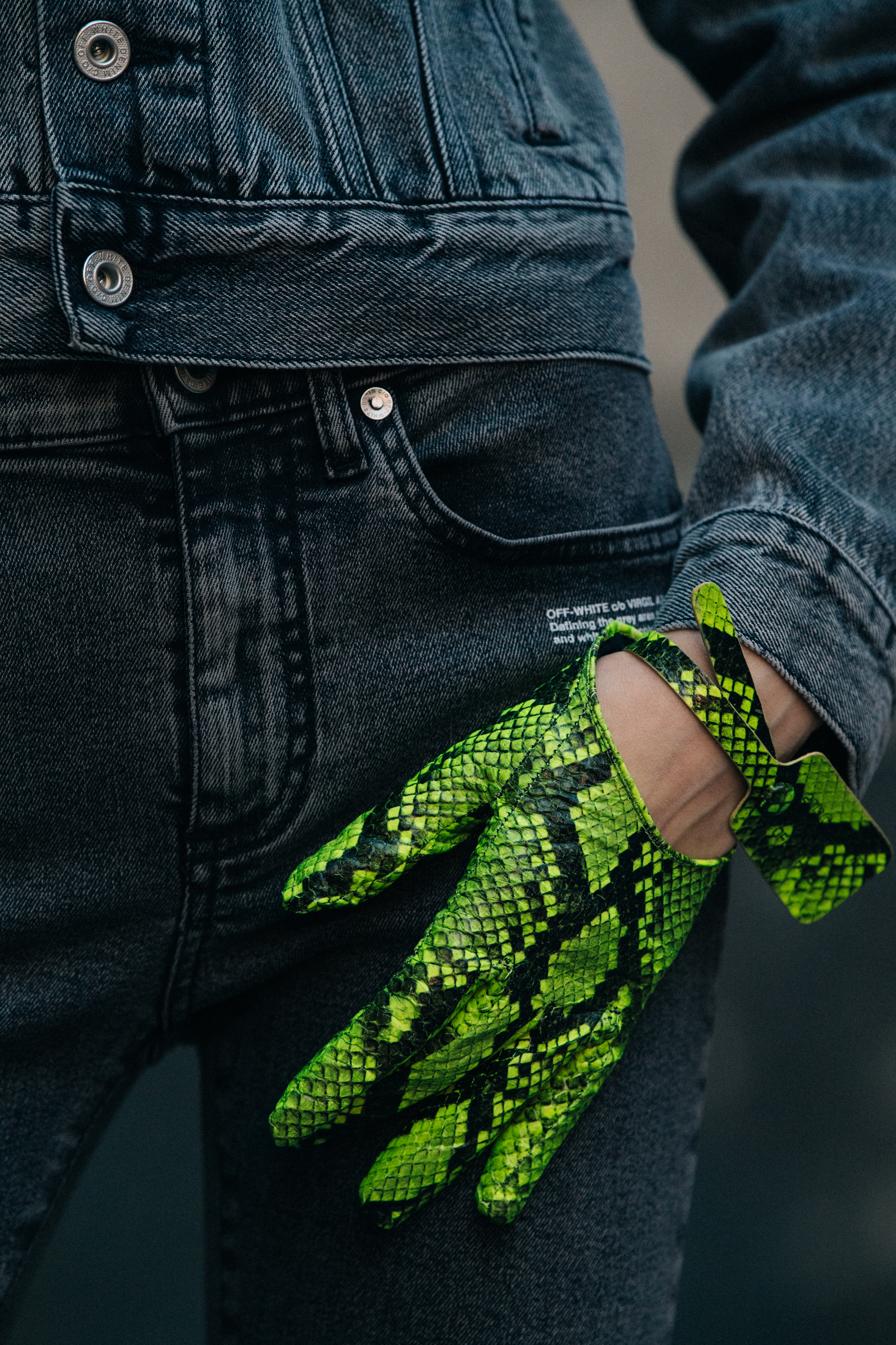 Model wearing green snakeskin at Off-White