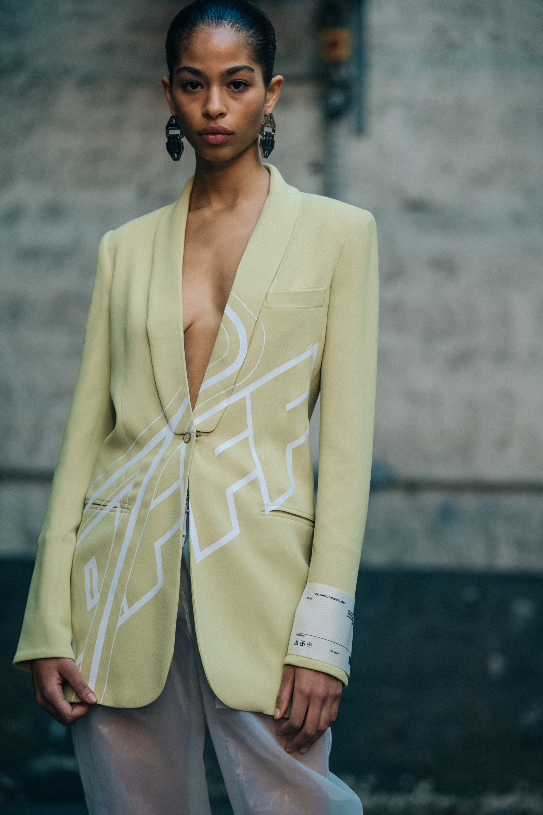 Model wearing pale yellow at Off-White