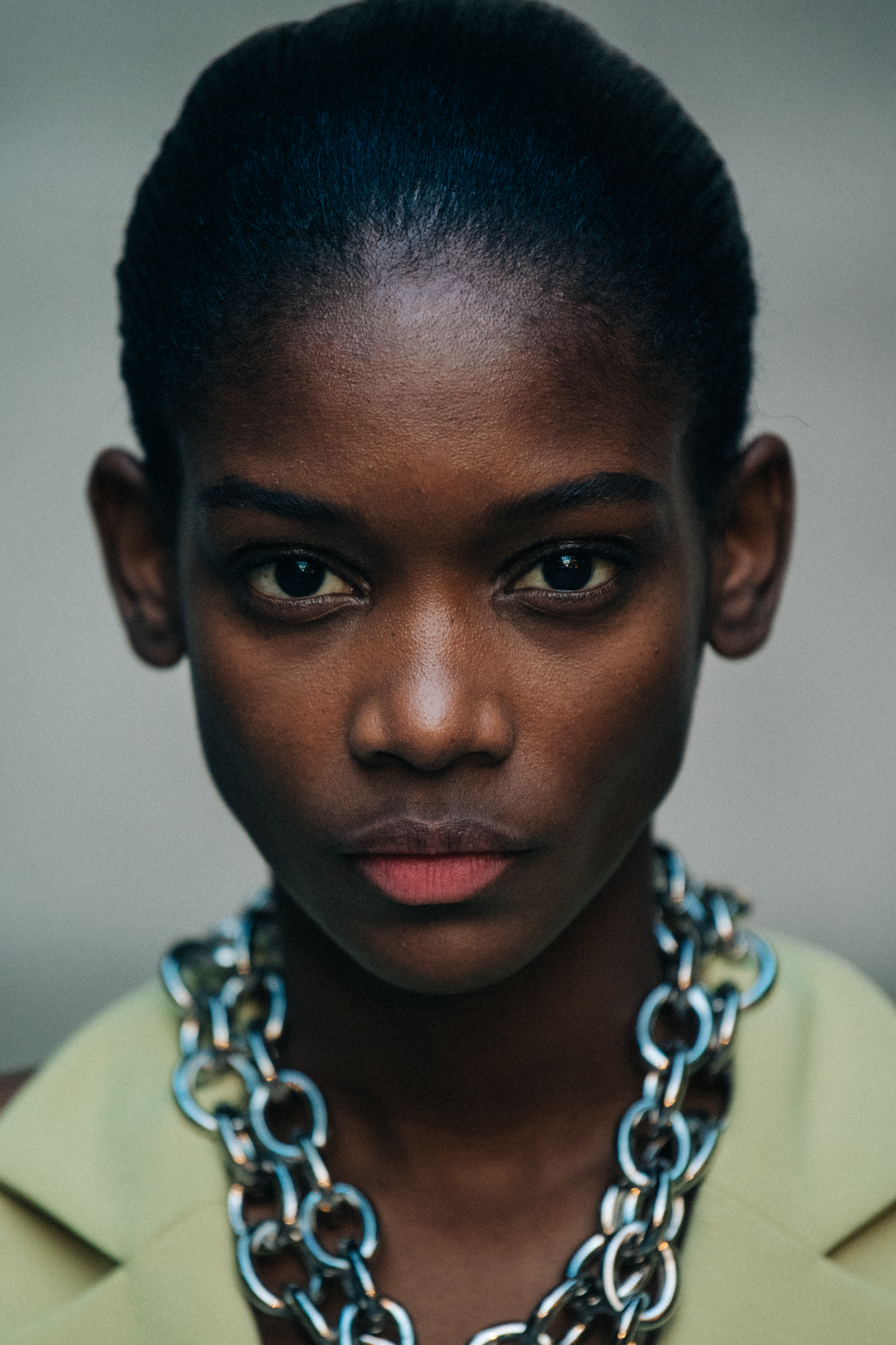 Portrait of model with slicked back hair