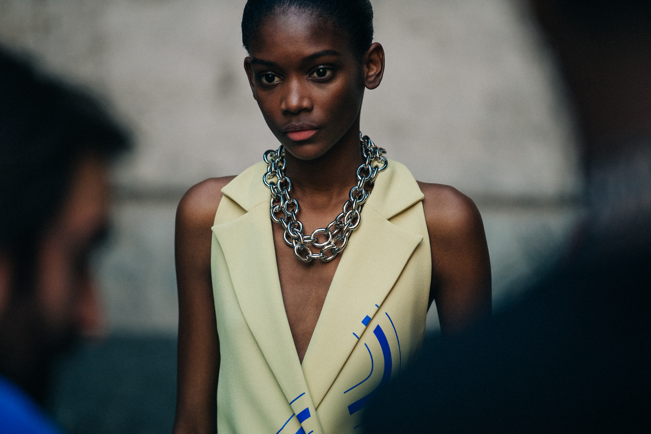 Model wearing pale yellow at Off-White