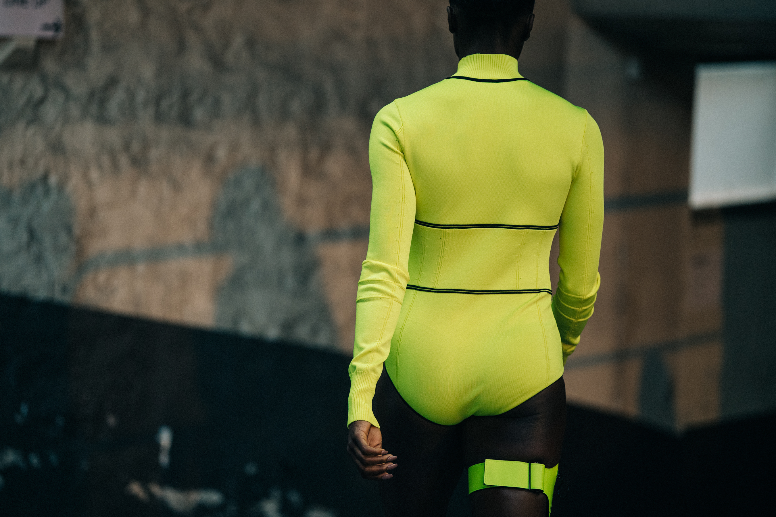 Model wearing fluro yellow at Off-White
