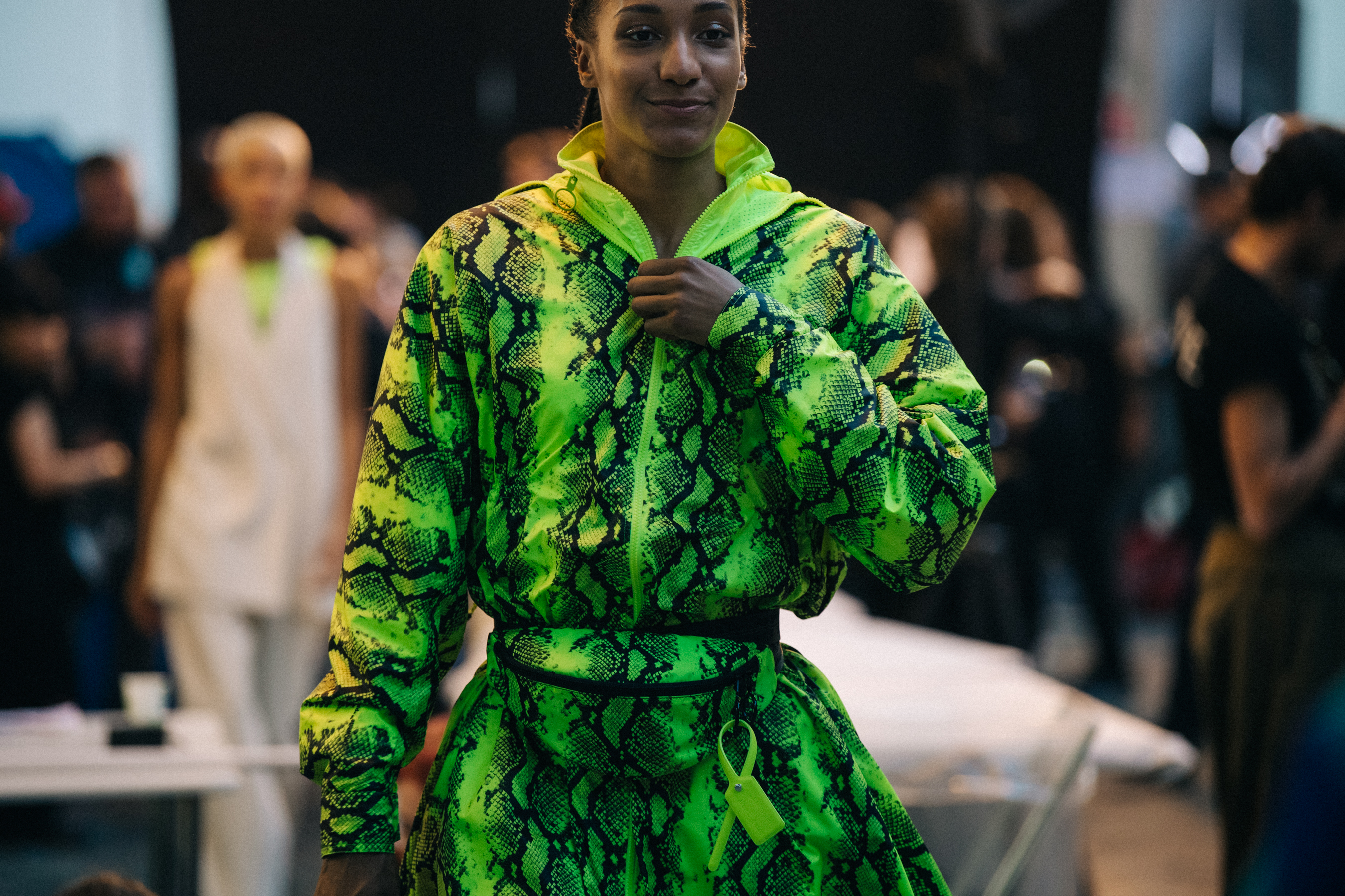 Model wearing fluro yellow at Off-White