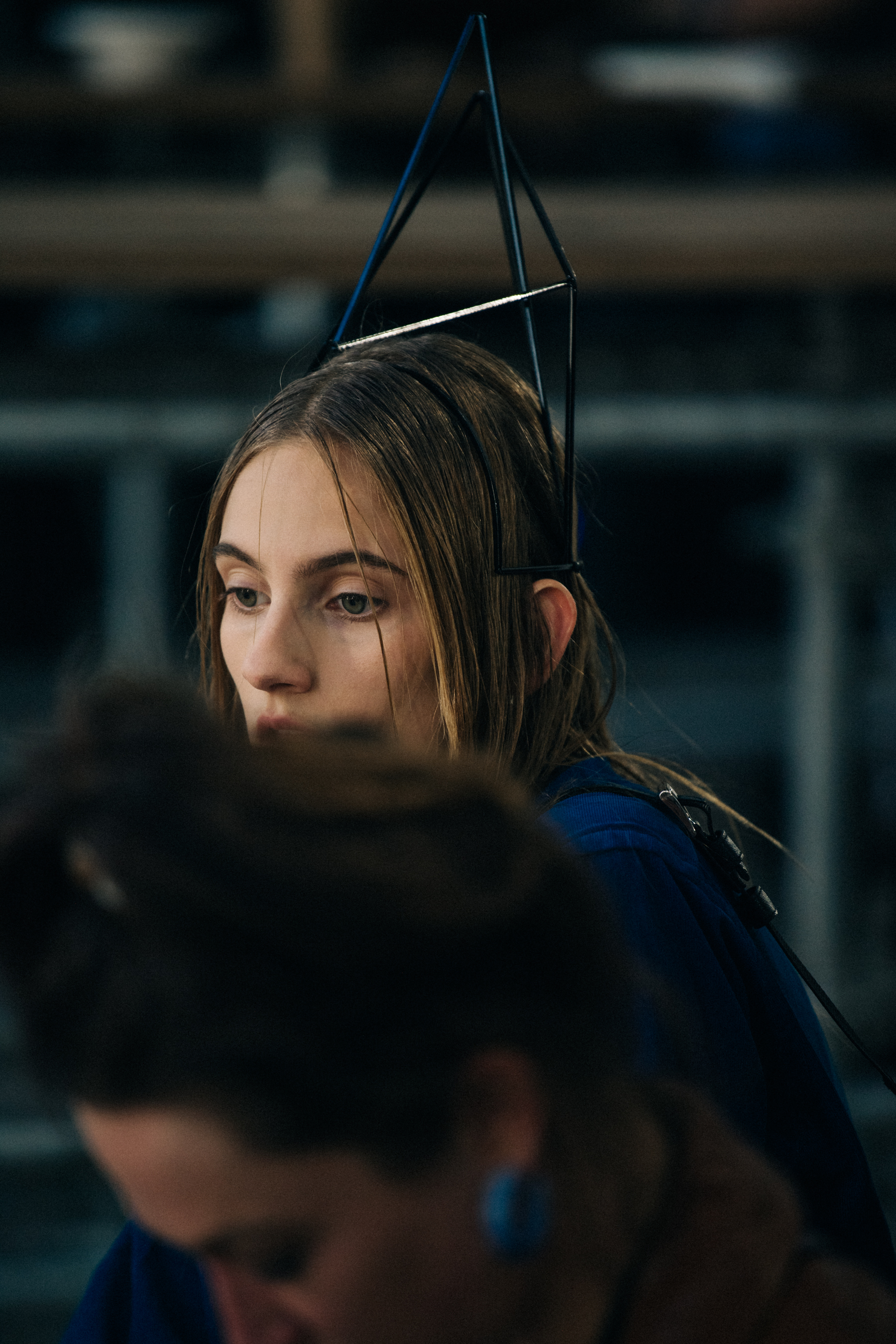 Model wearing metal structure at Rick Owens