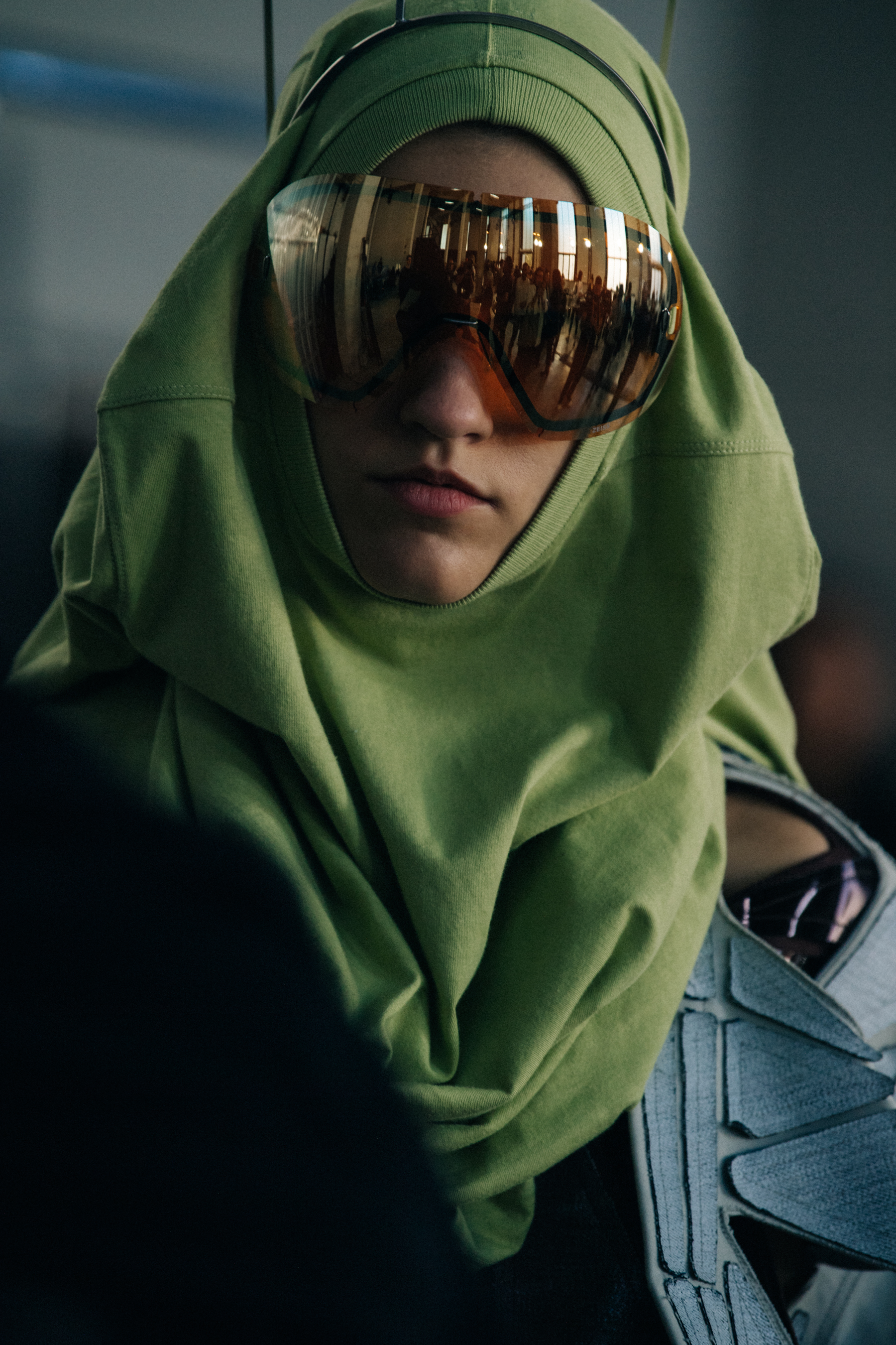 Model wearing green Rick Owens outfit