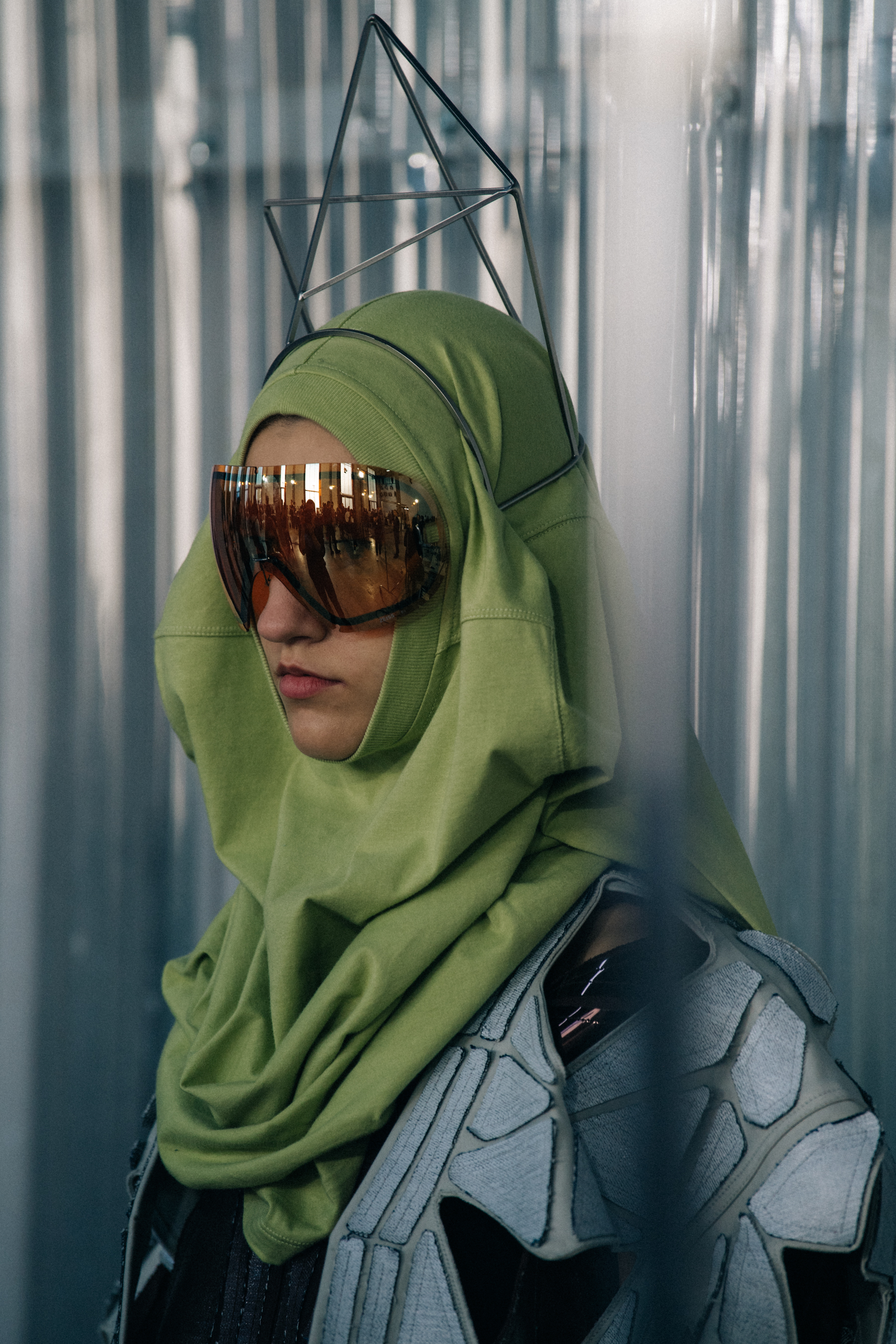 Model wearing green Rick Owens outfit