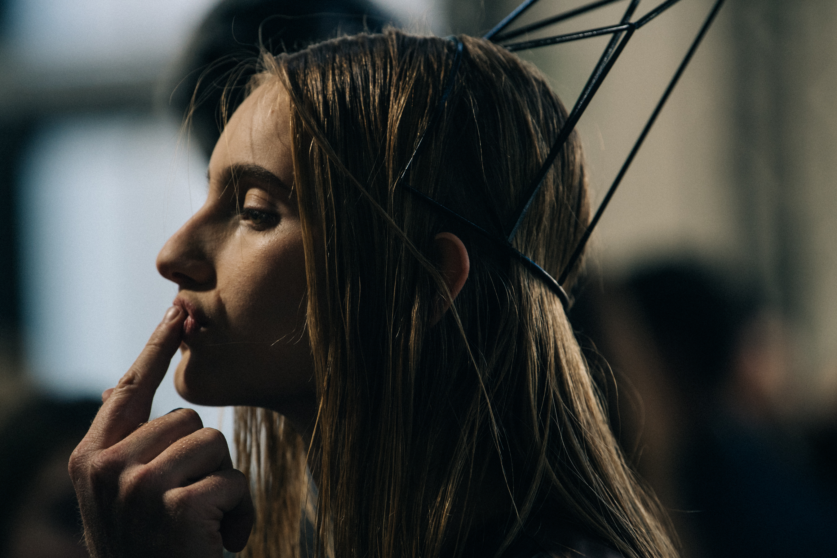 Model wearing metal structure at Rick Owens