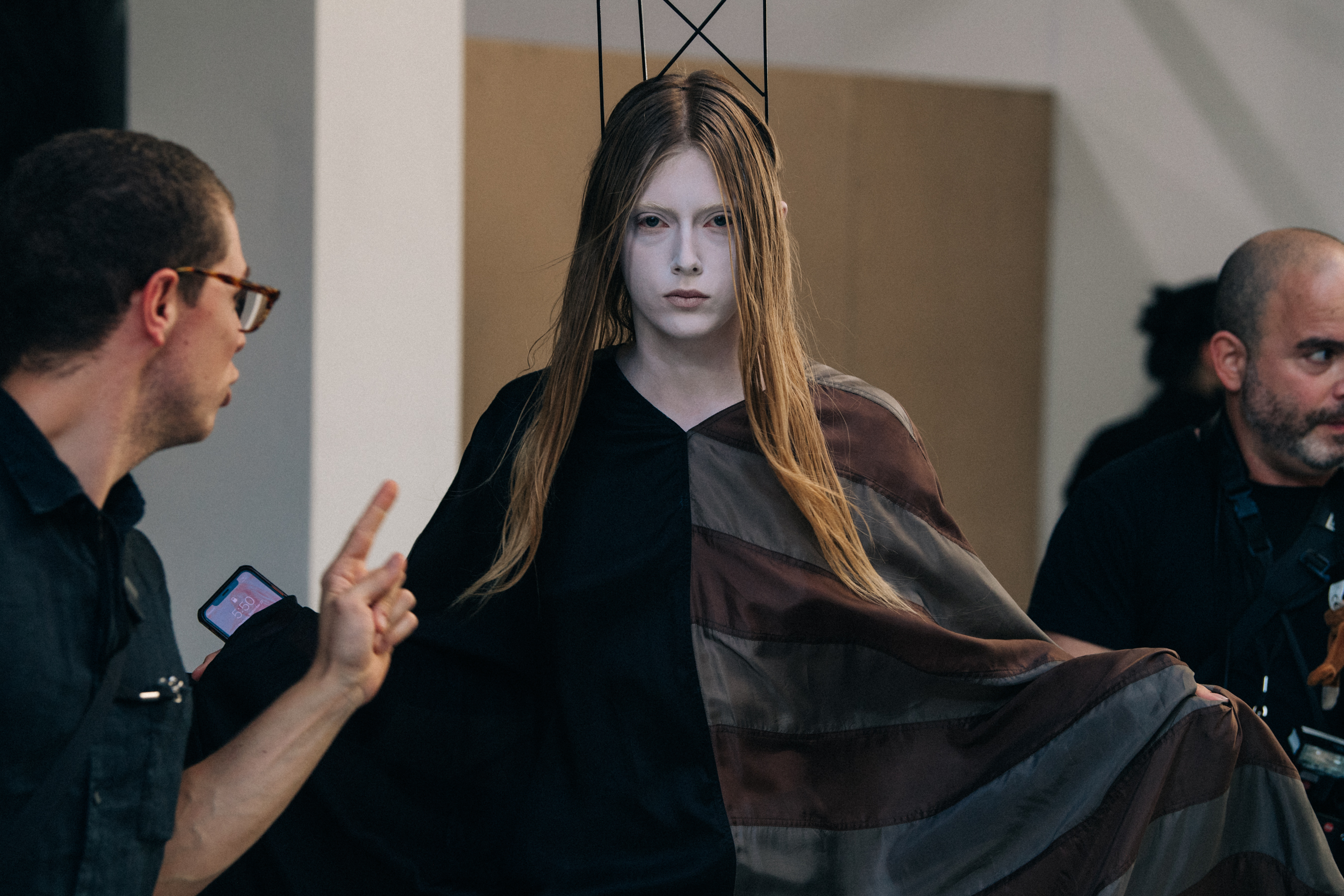 Model wearing striped Rick Owens outfit
