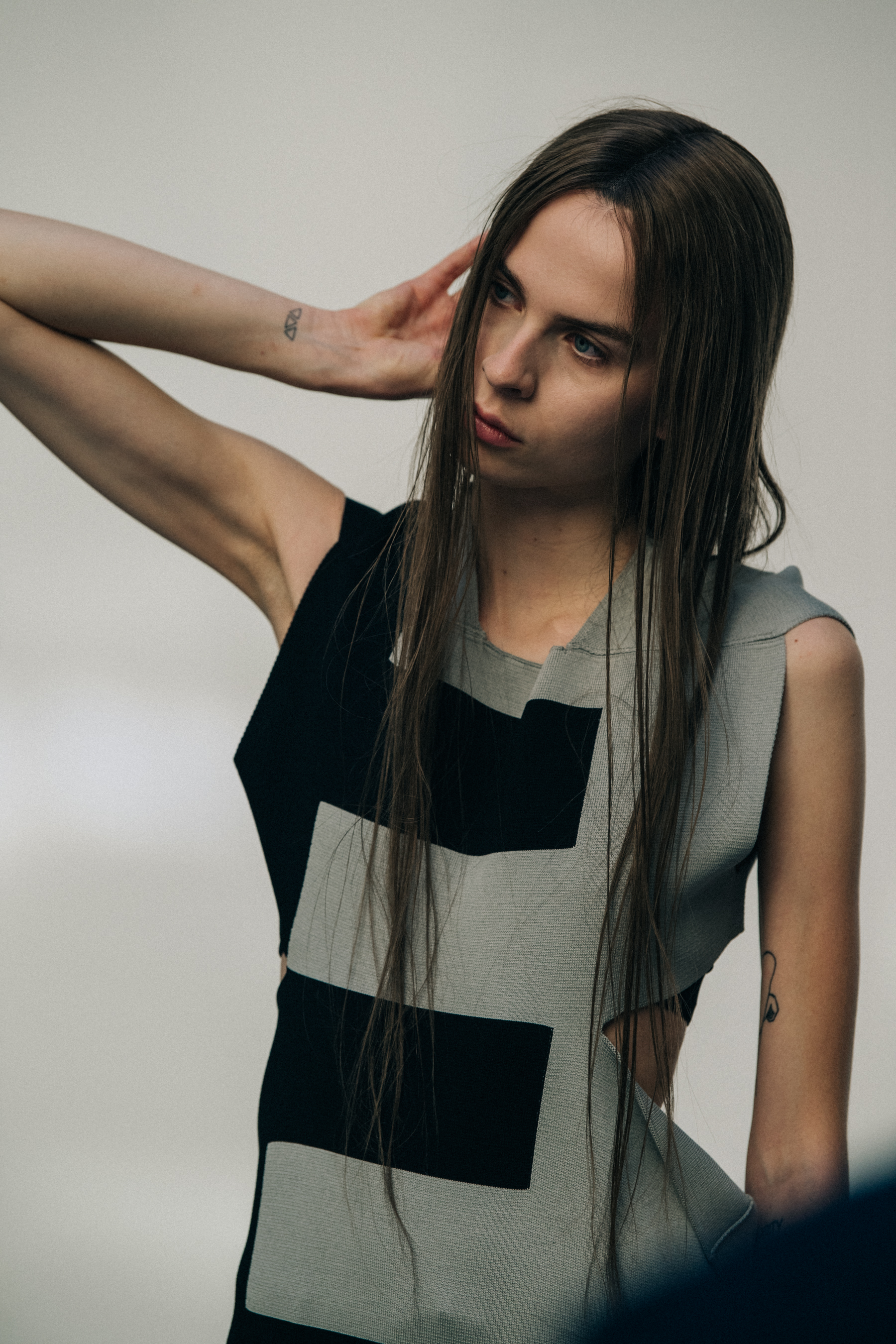 Model wearing striped Rick Owens outfit