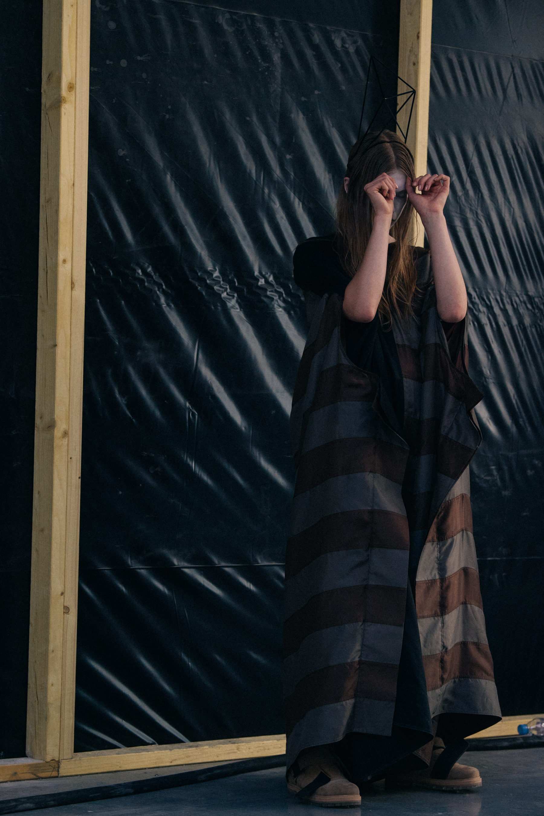 Model wearing striped Rick Owens outfit