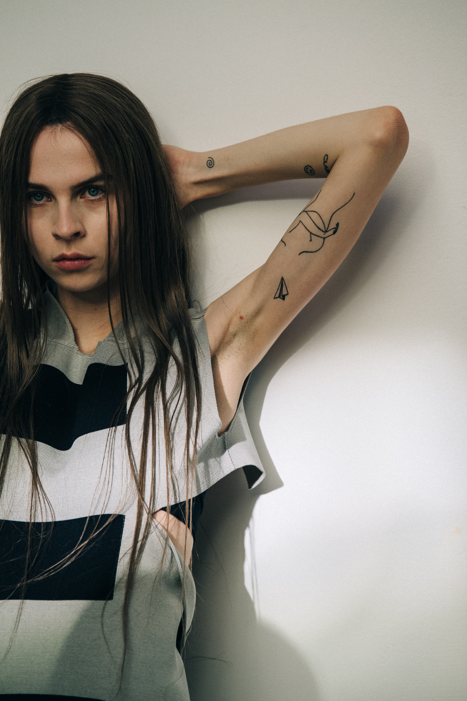 Model wearing striped Rick Owens outfit