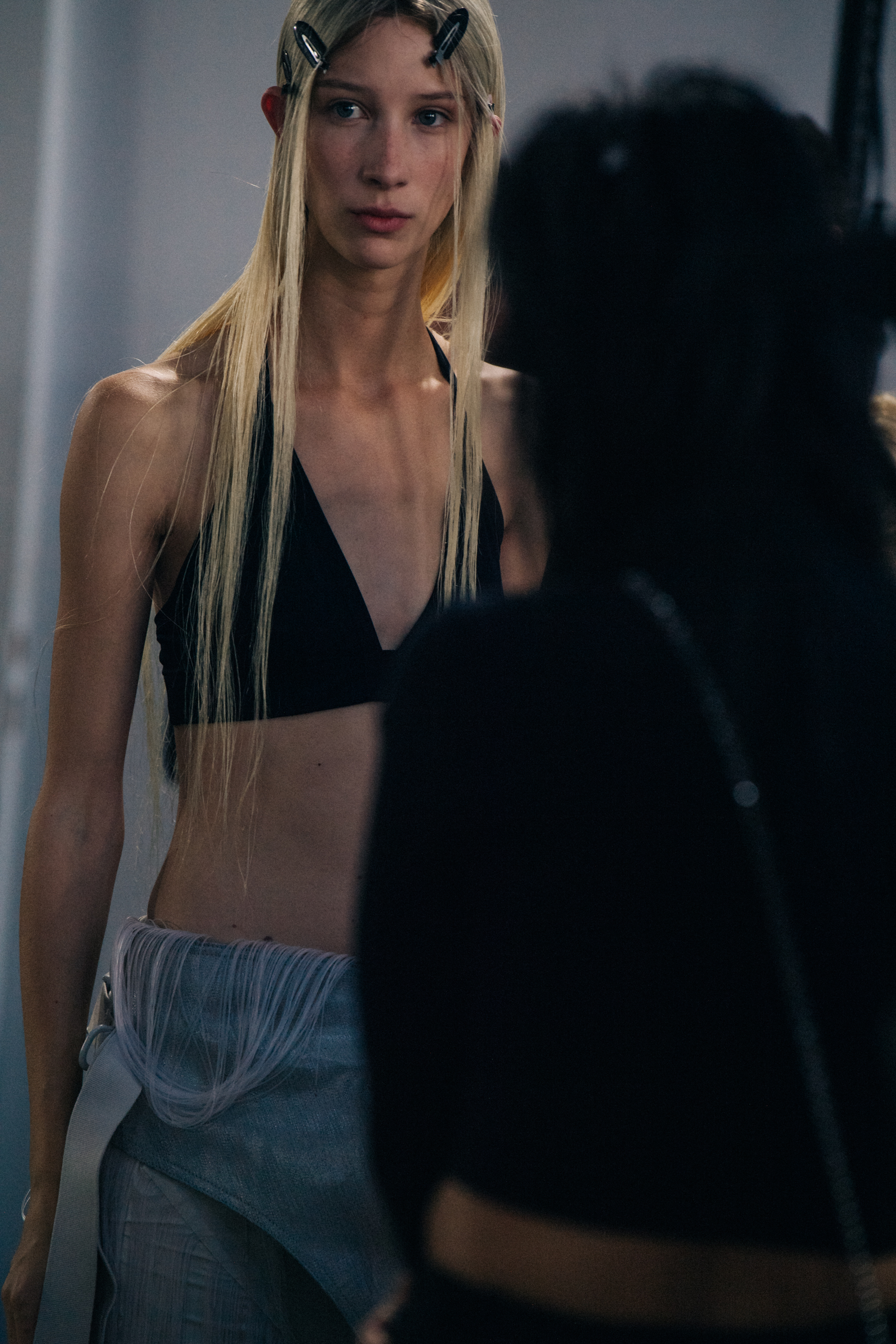 Model wearing black top at Rick Owens