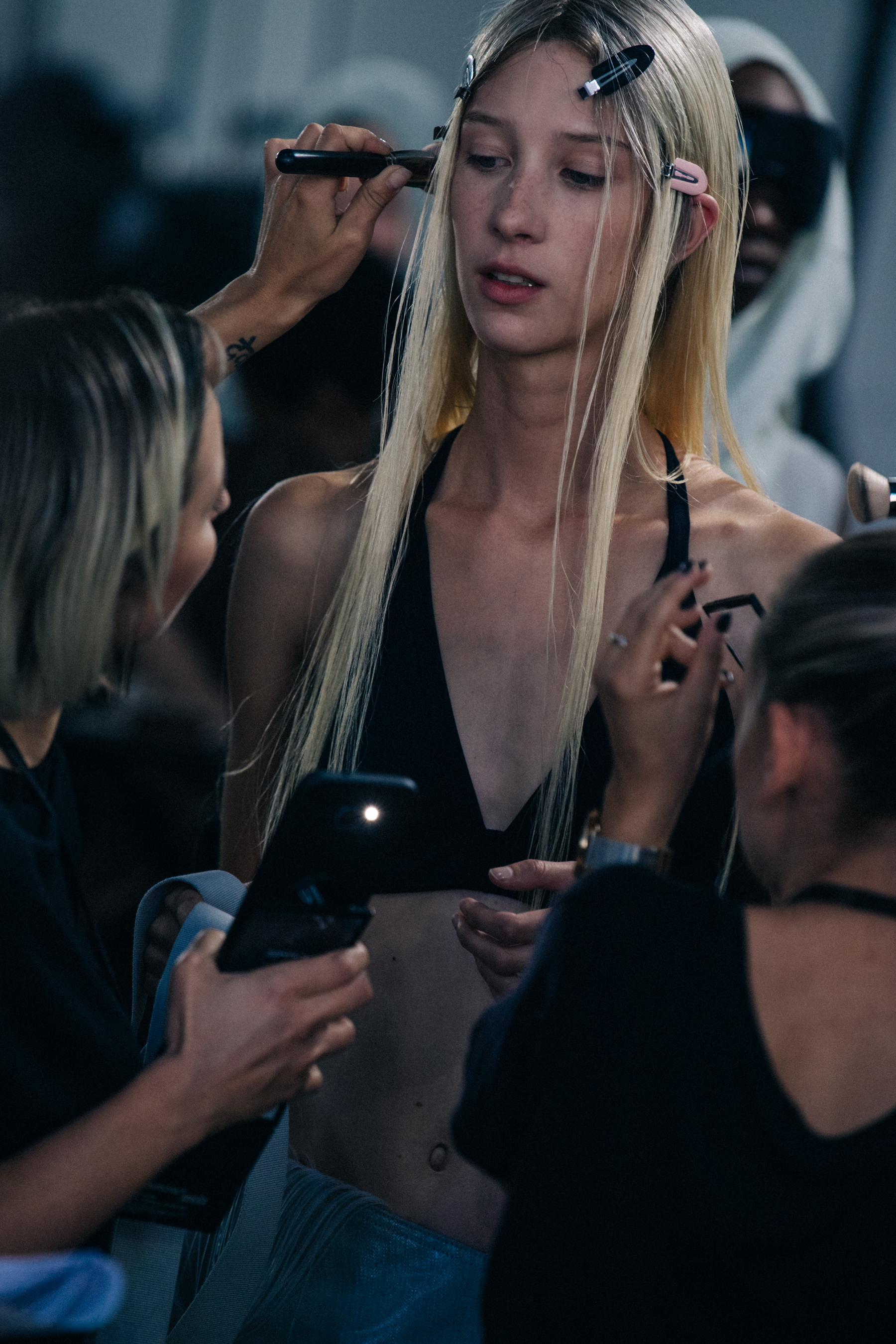 Model wearing black top at Rick Owens