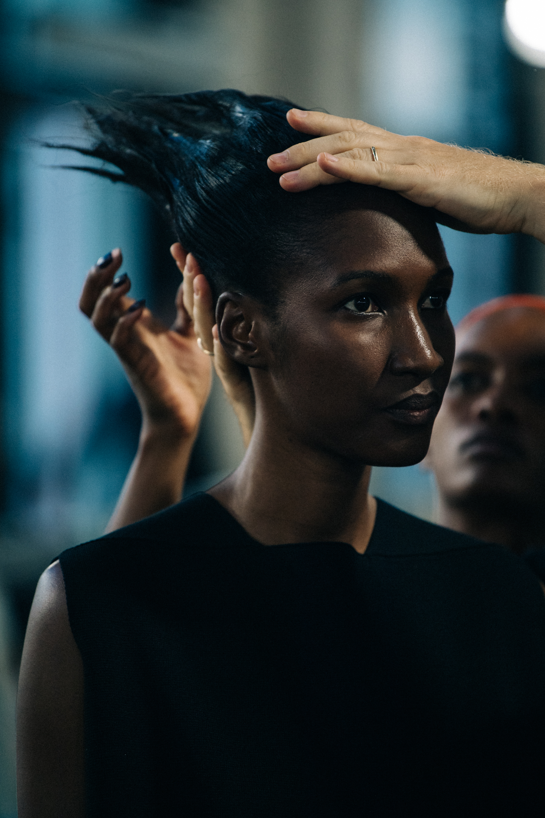 Model wearing black top at Rick Owens