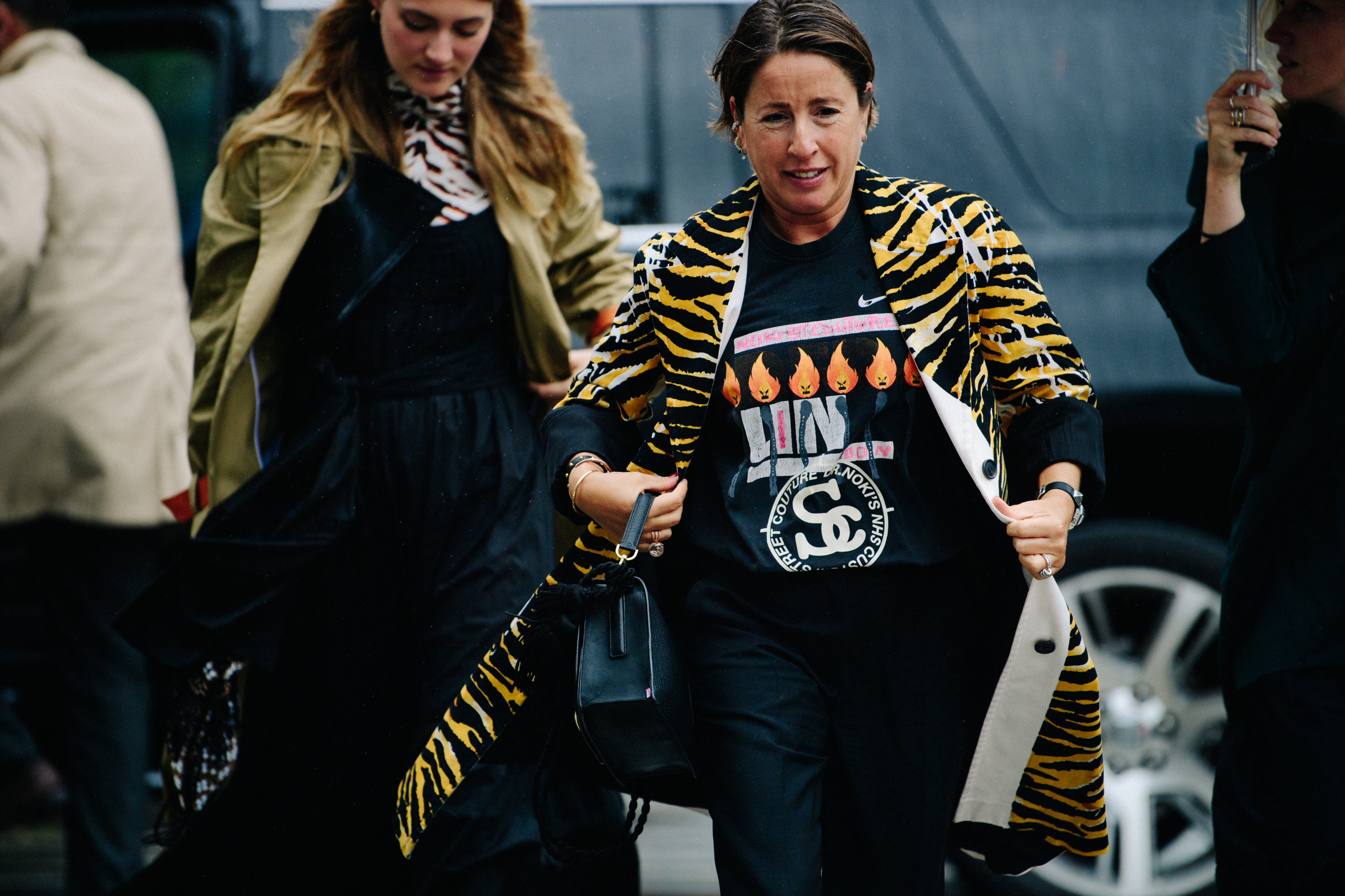 Woman wearing animal print coat
