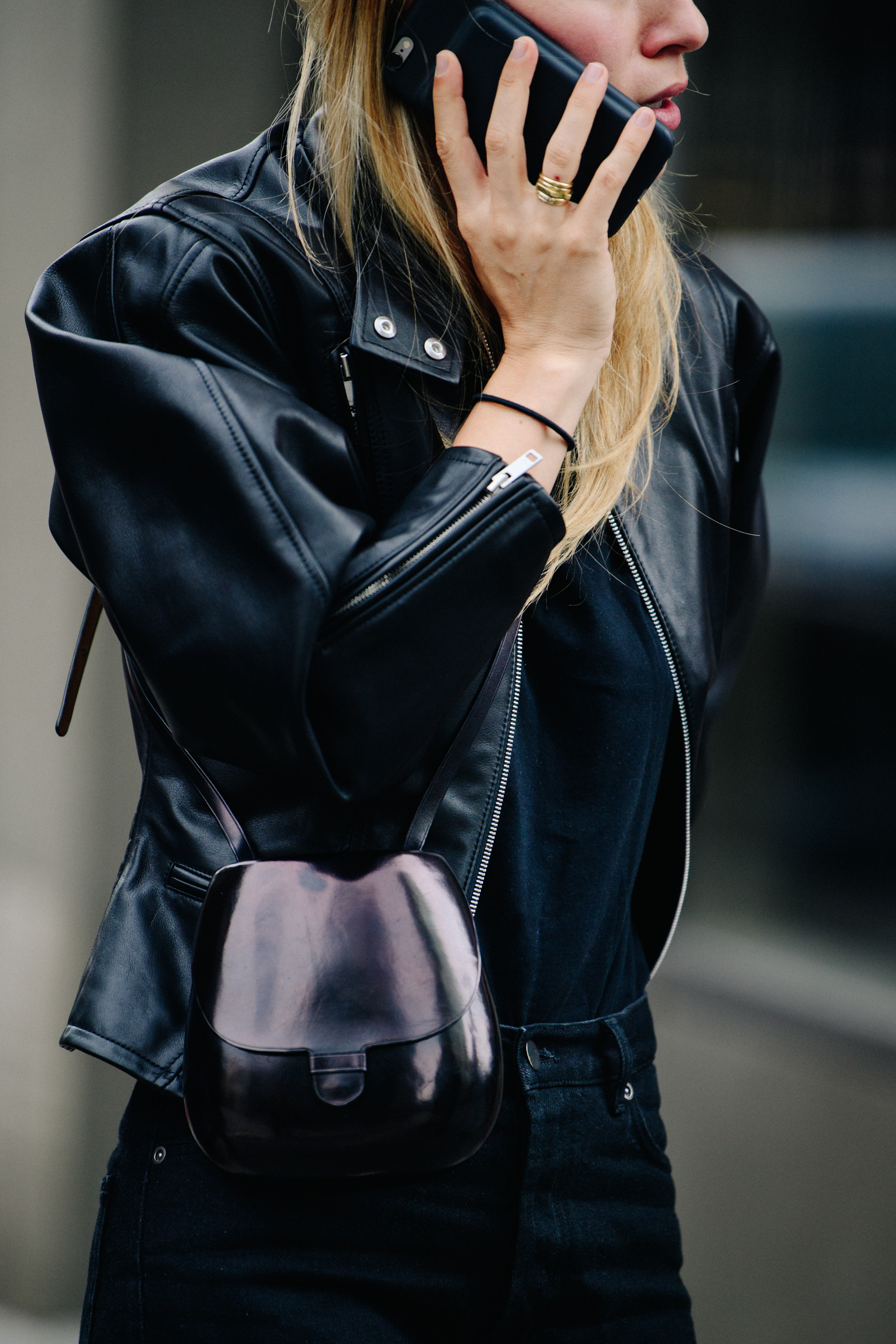 Woman wearing leather jacket