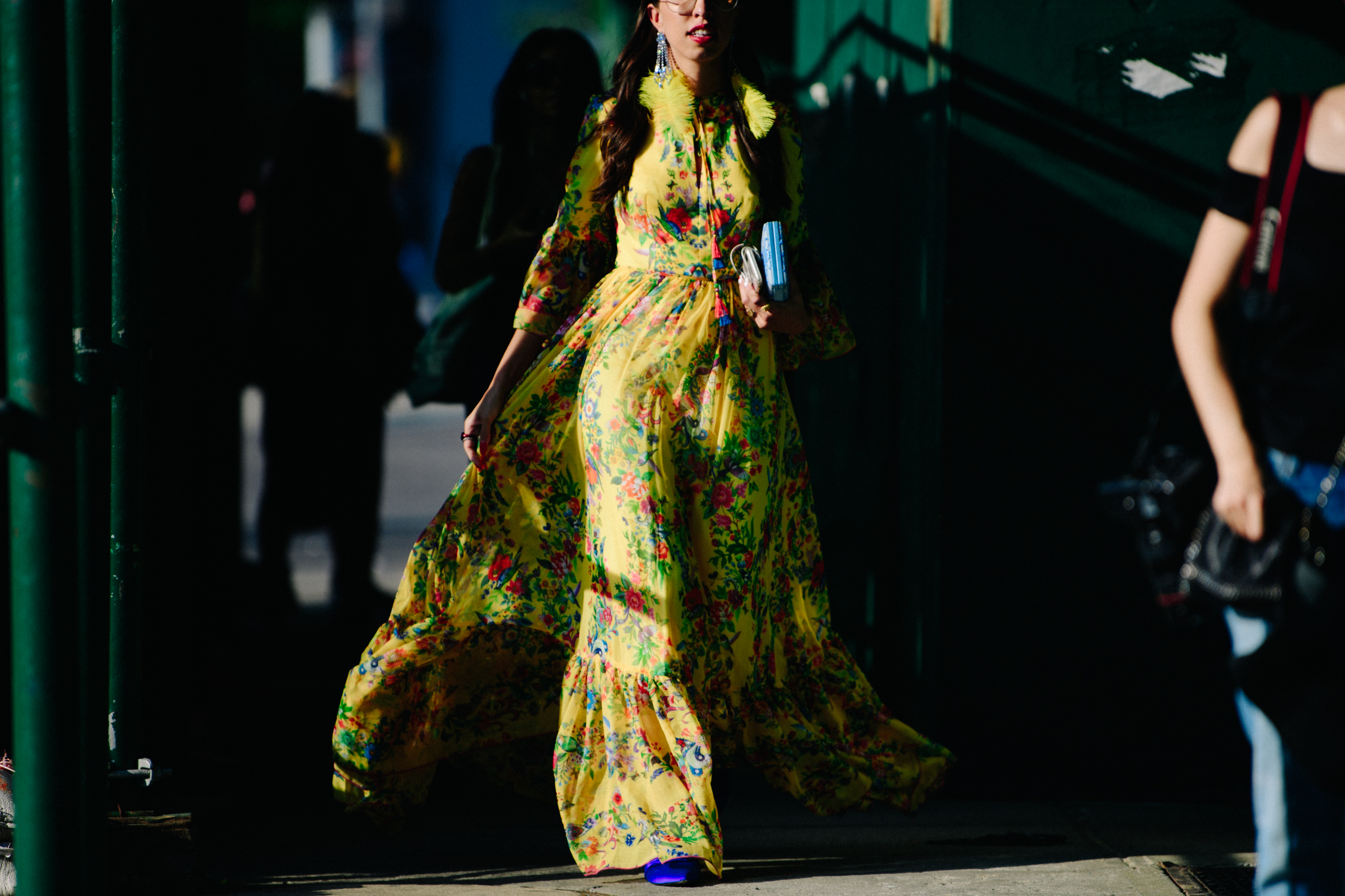 Woman wearing long floral dress