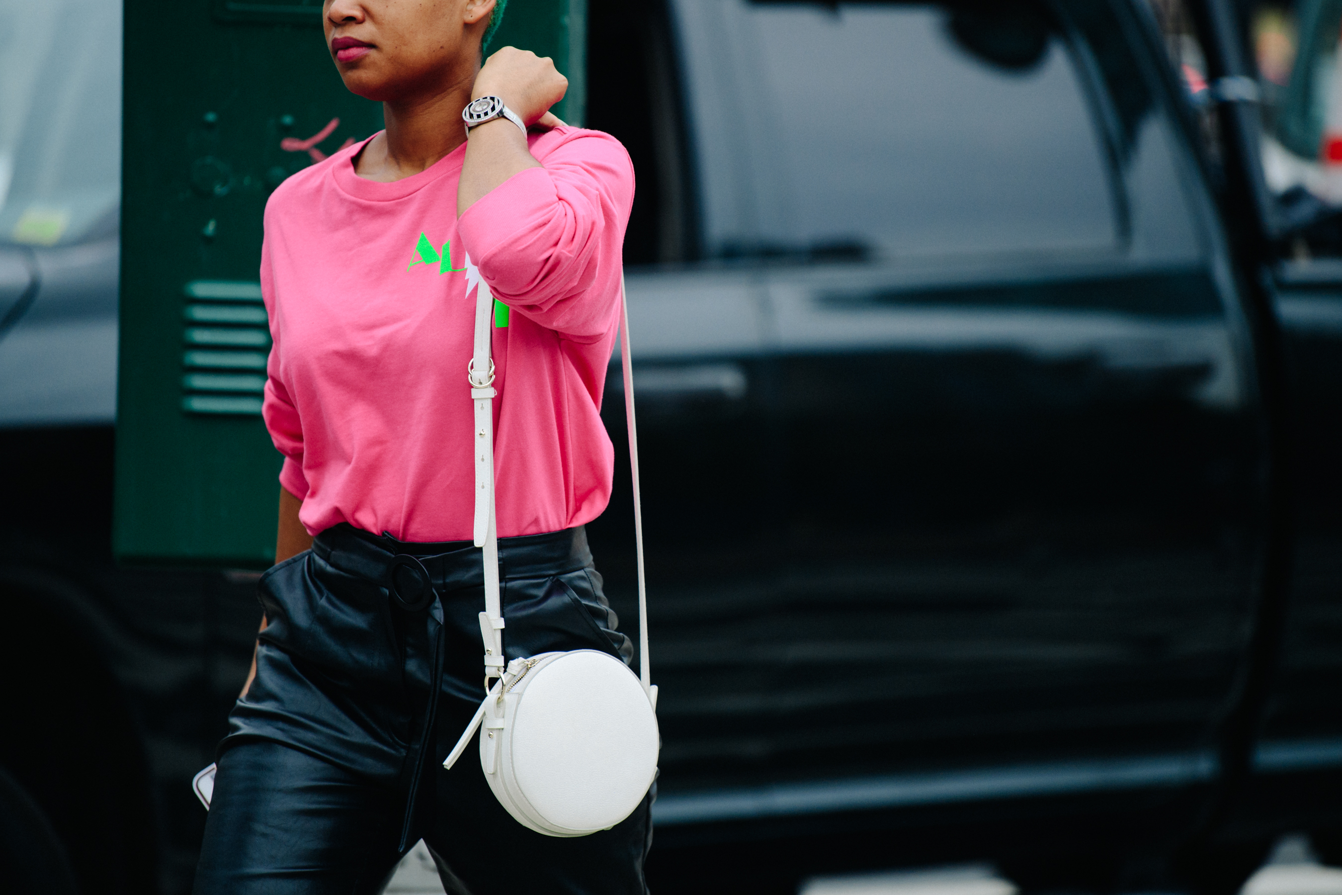 Woman wearing pink tee shirt