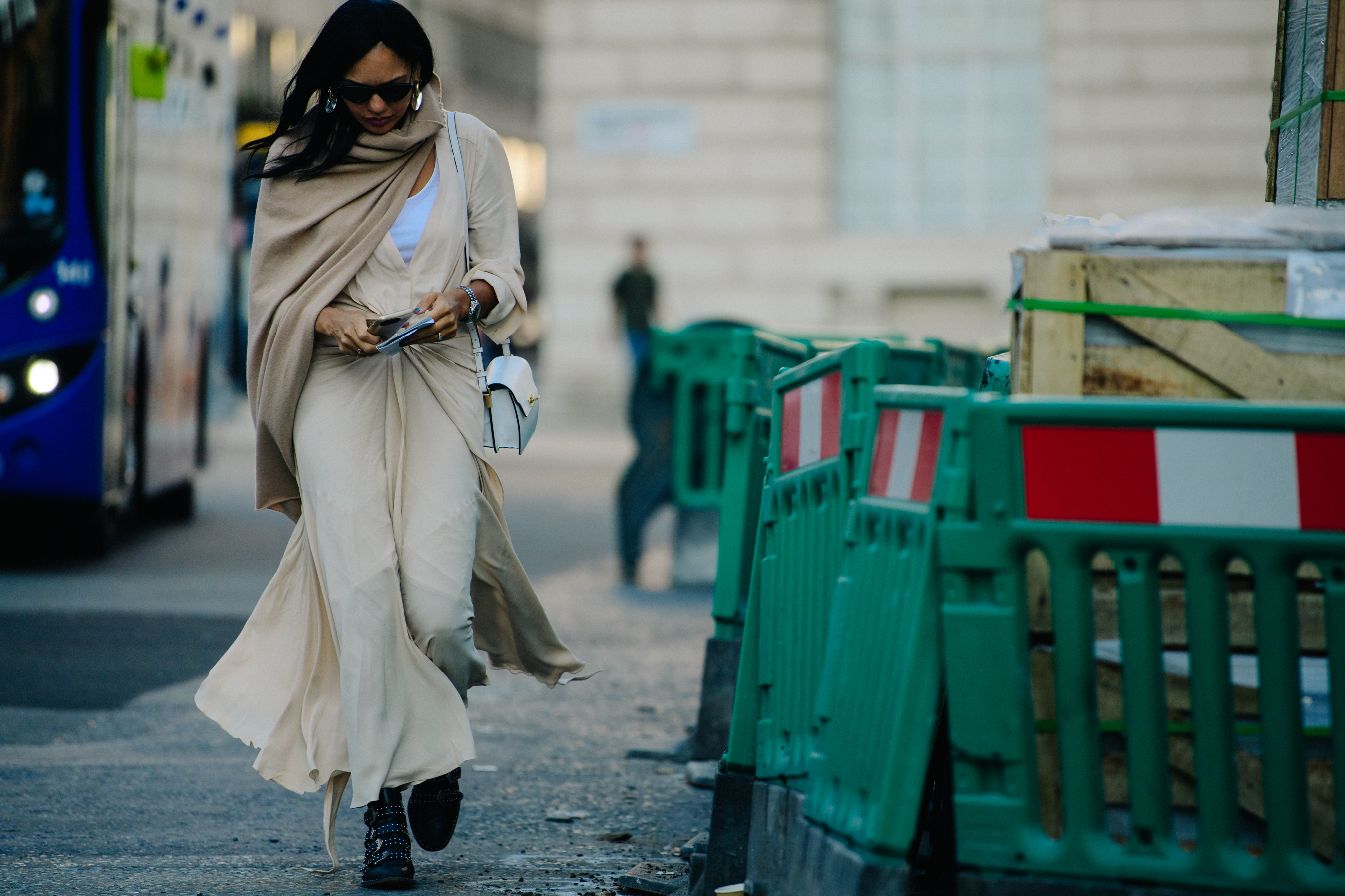 Woman wearing beige outfit