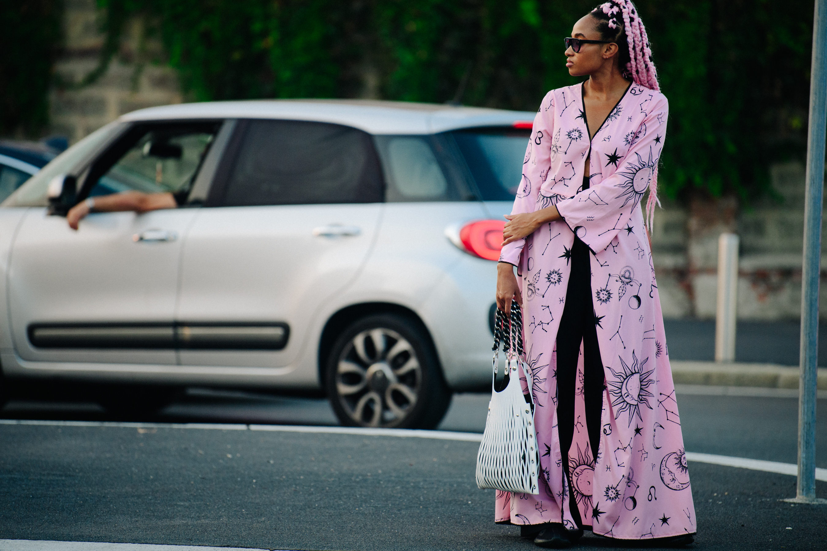 Woman wearing long pink dress