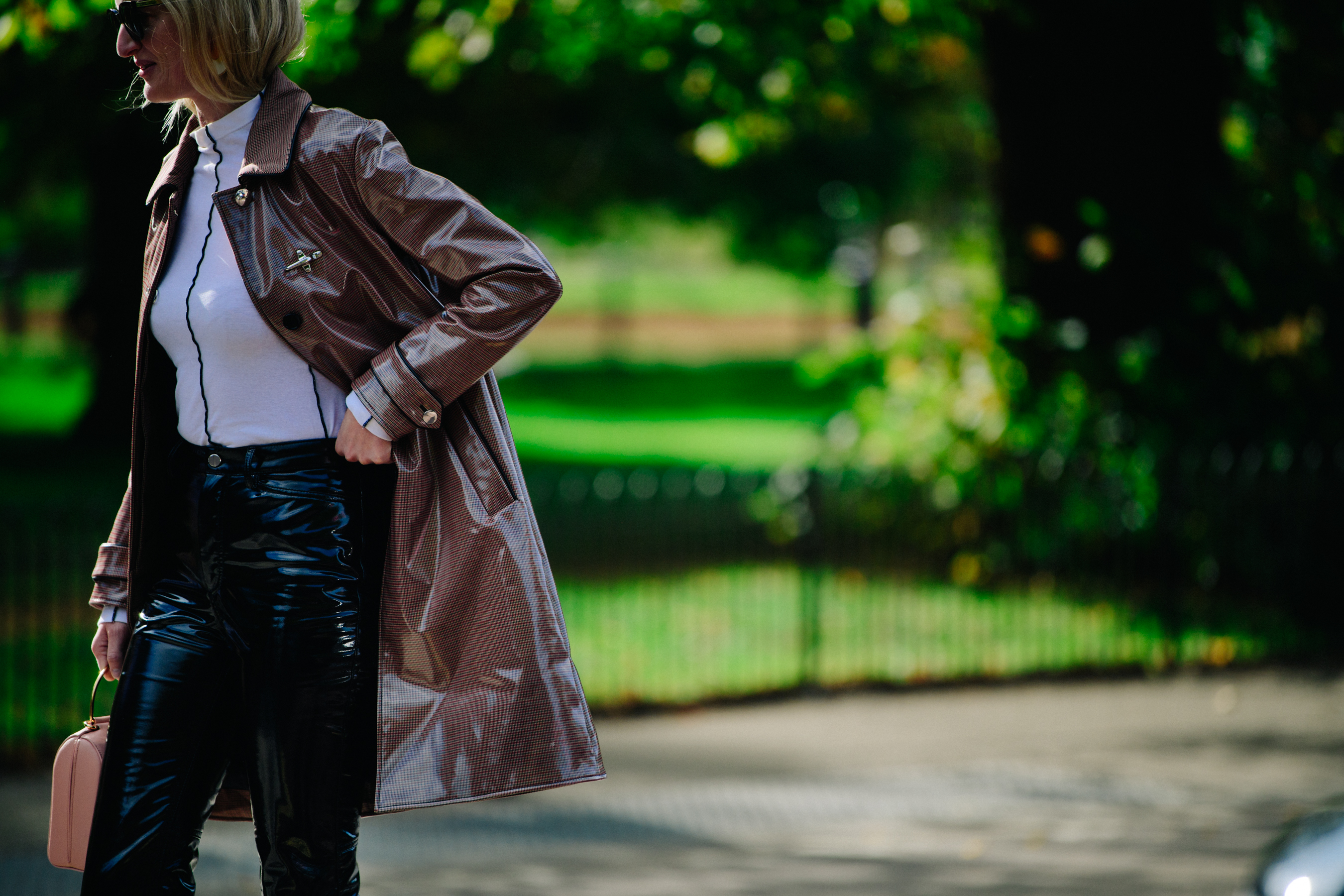 Woman wearing red check coat