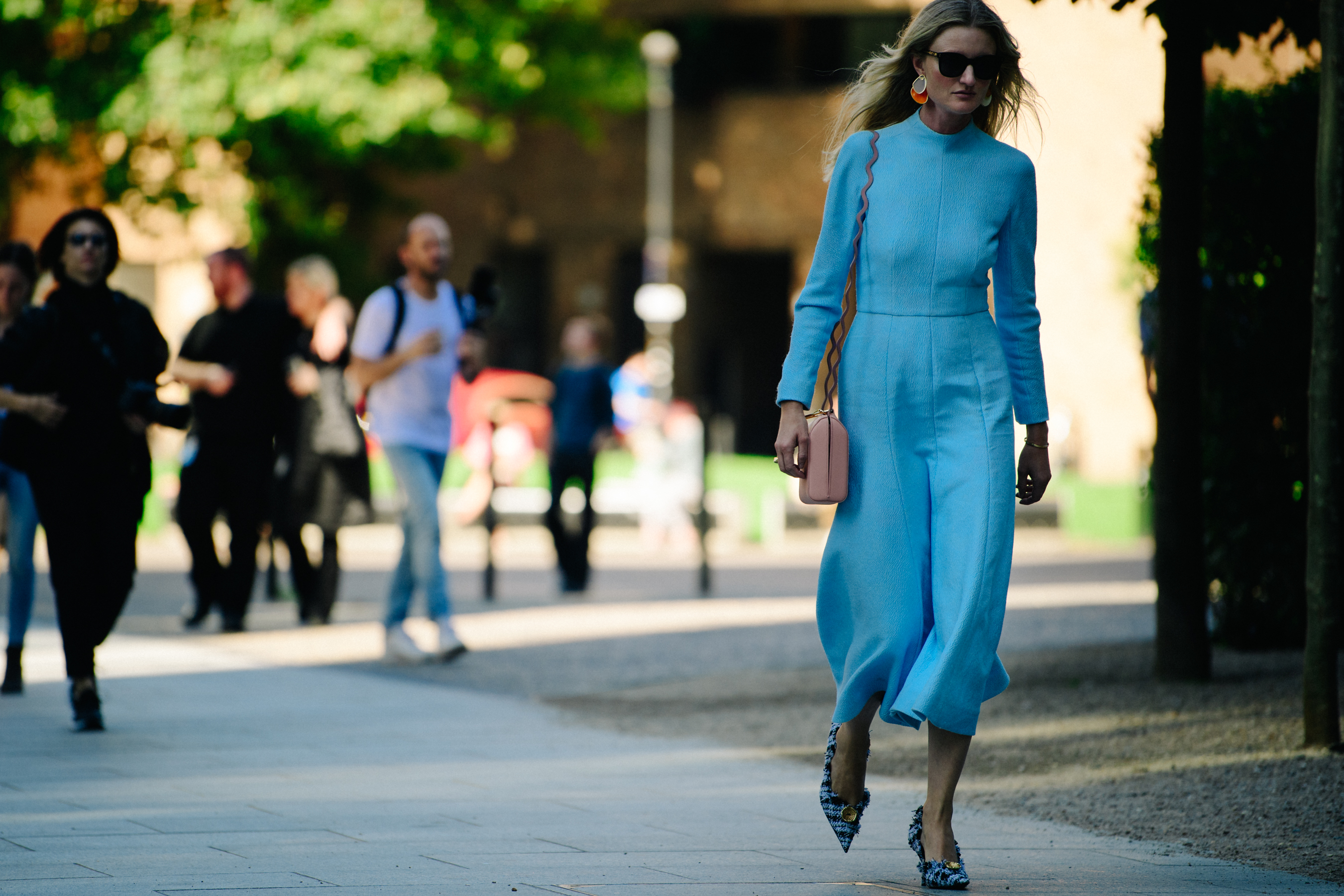 Woman wearing blue dress