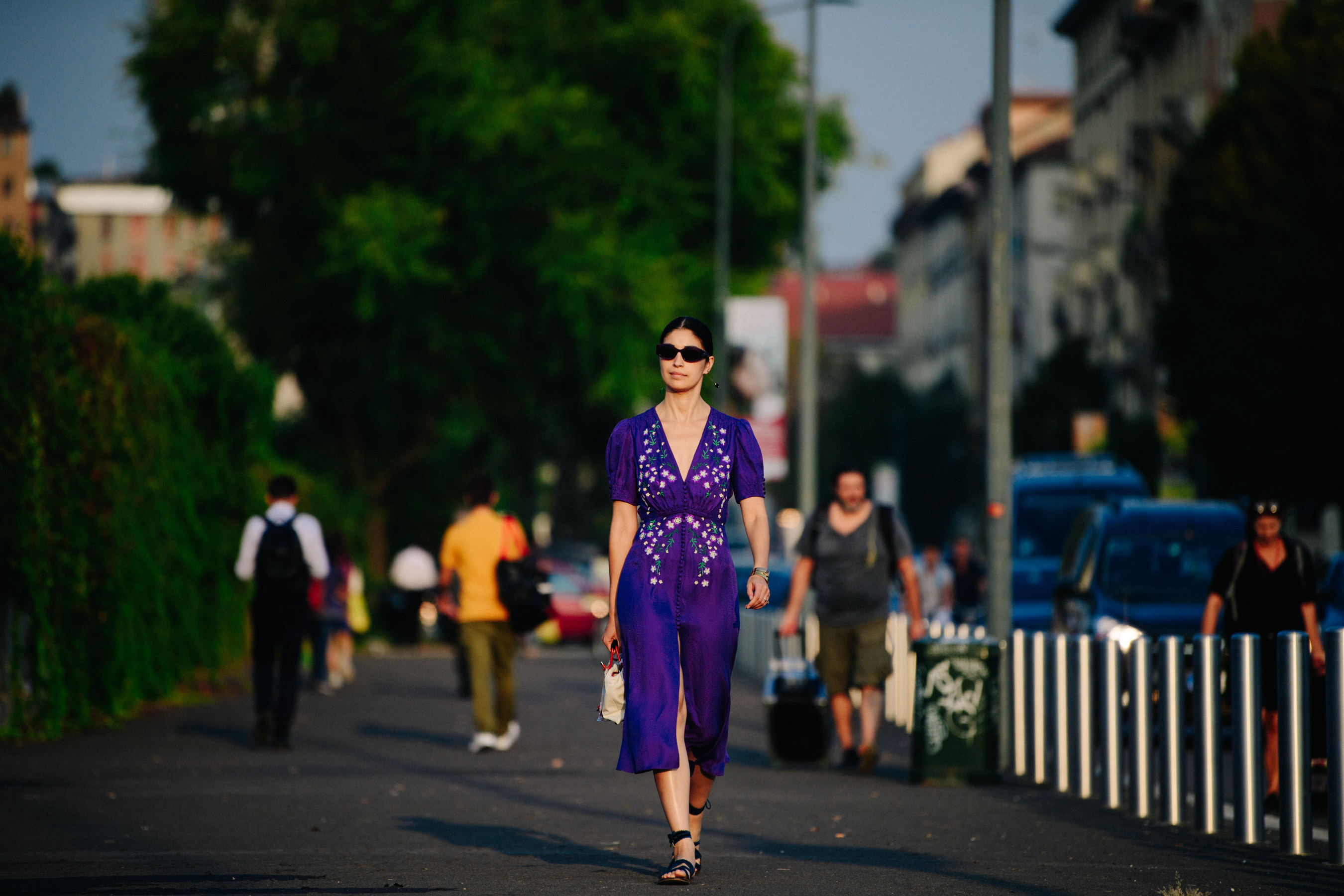 Woman wearing purple dress