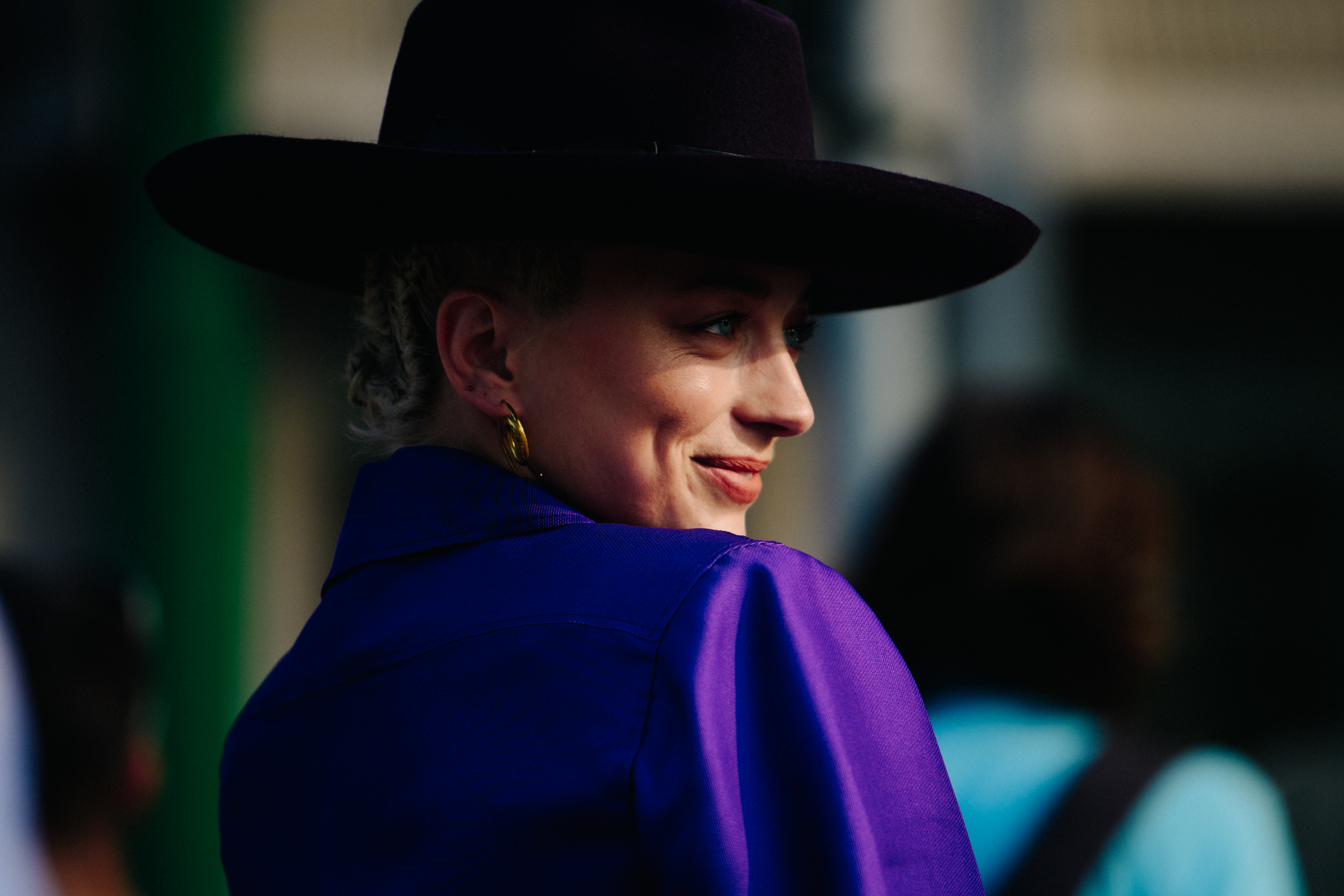 Woman wearing purple shirt