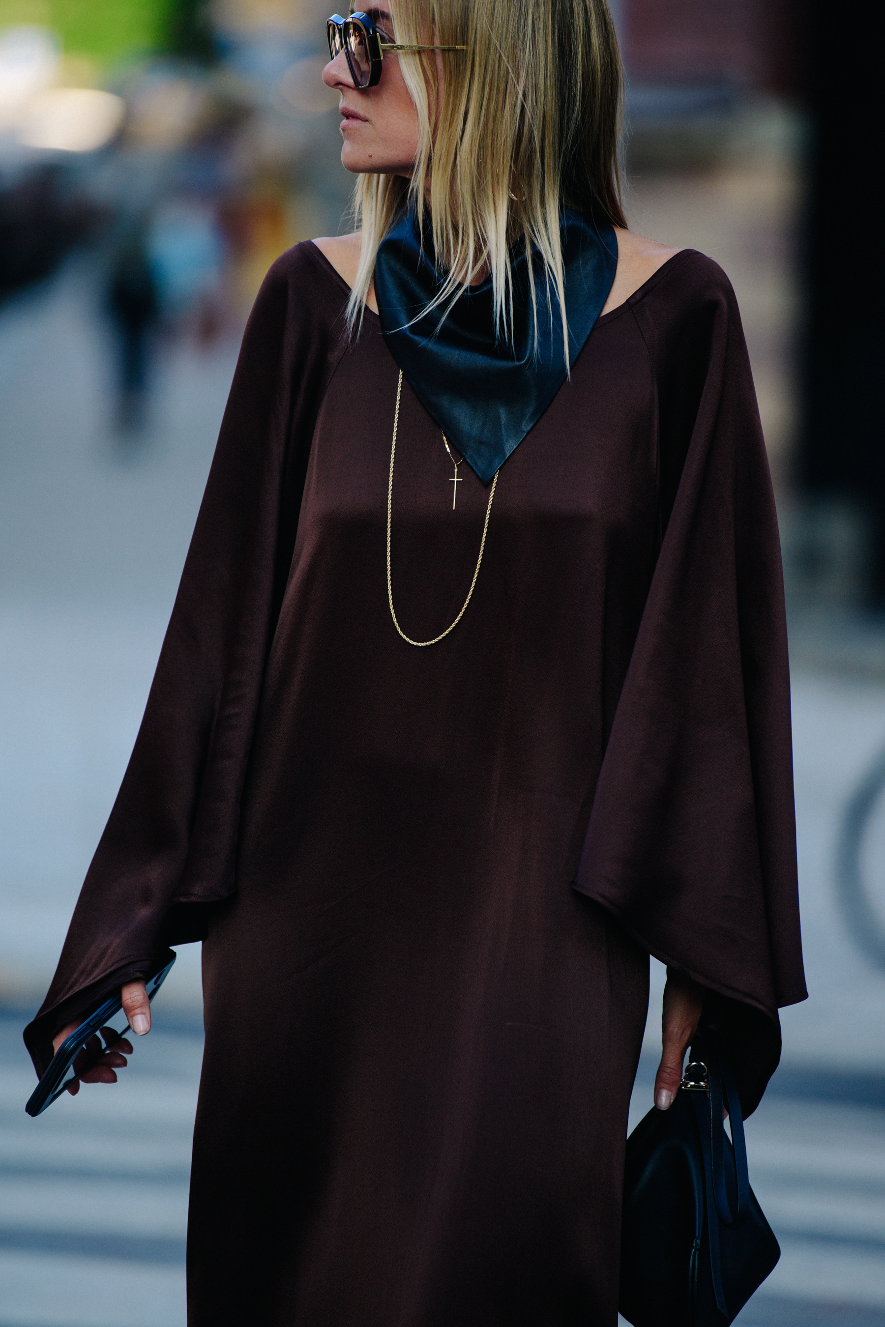 Woman wearing long brown dress